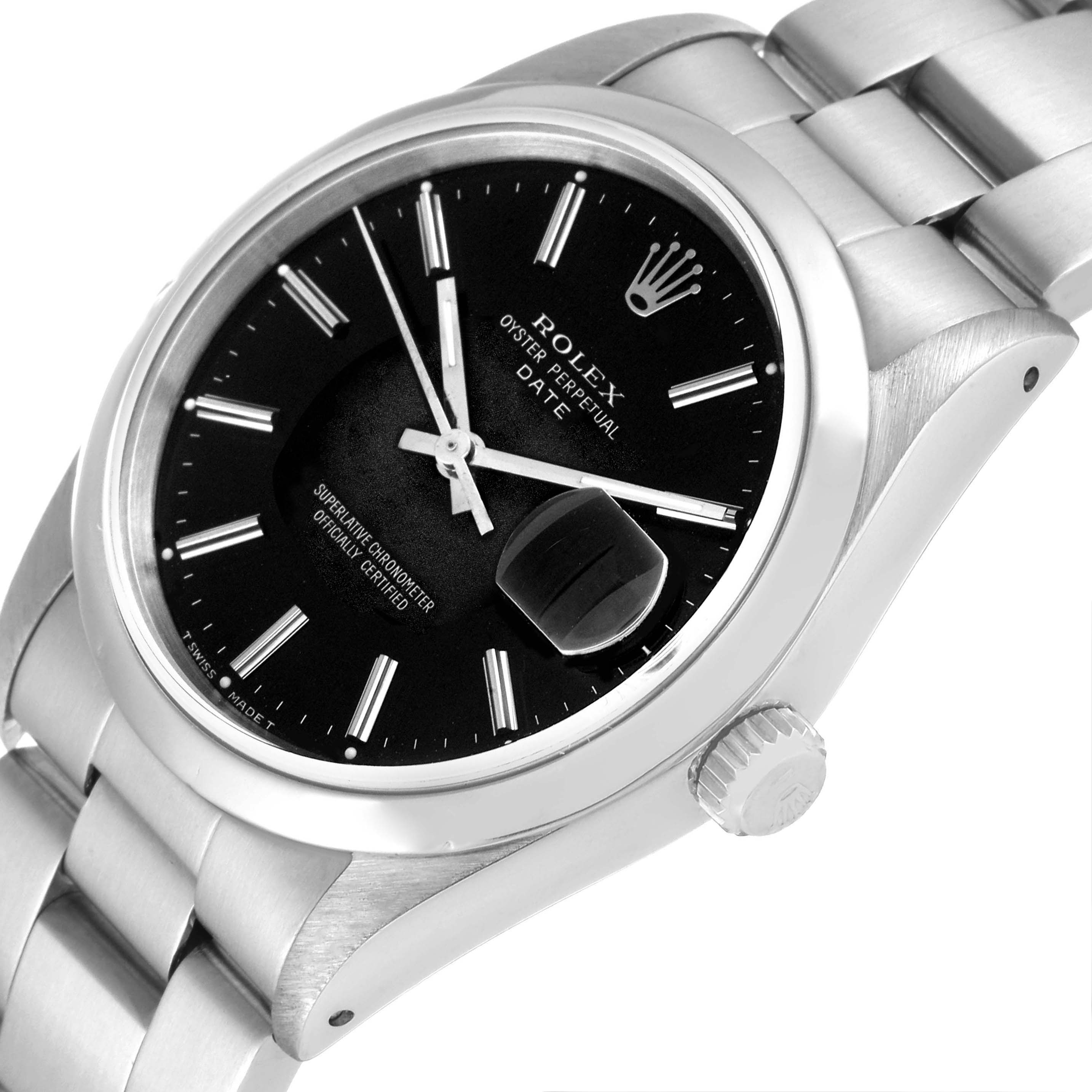 The image shows a close-up, angled view of a Rolex Date 15200 Men's Stainless Steel Black Dial 15200 Men's Stainless Steel Black Dial model, highlighting the black dial, date window, crown, and part of the bracelet.