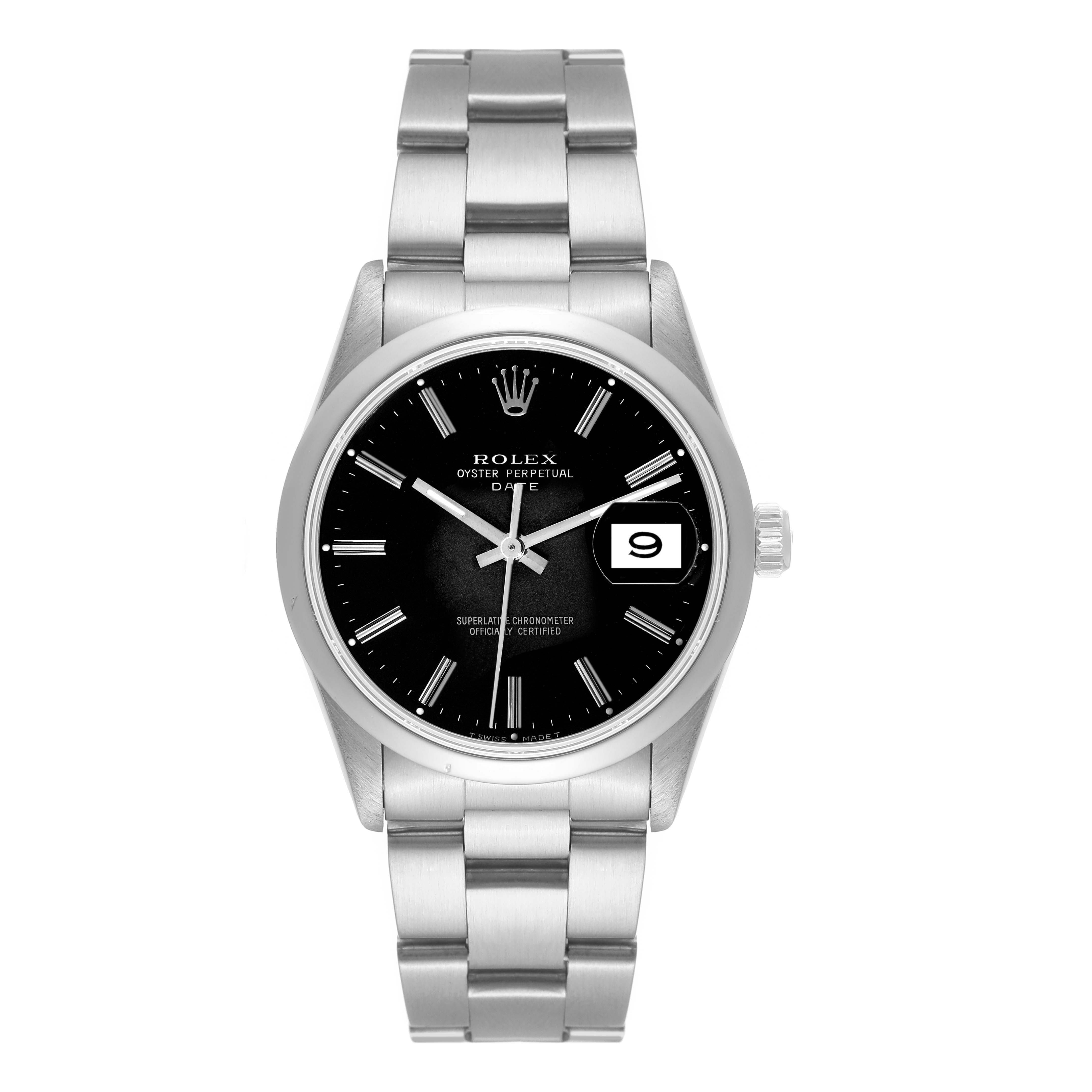 The Rolex Date 15200 Men's Stainless Steel Black Dial 15200 Men's Stainless Steel Black Dial model watch is shown from a front angle, displaying its black dial, stainless steel band, and date window.