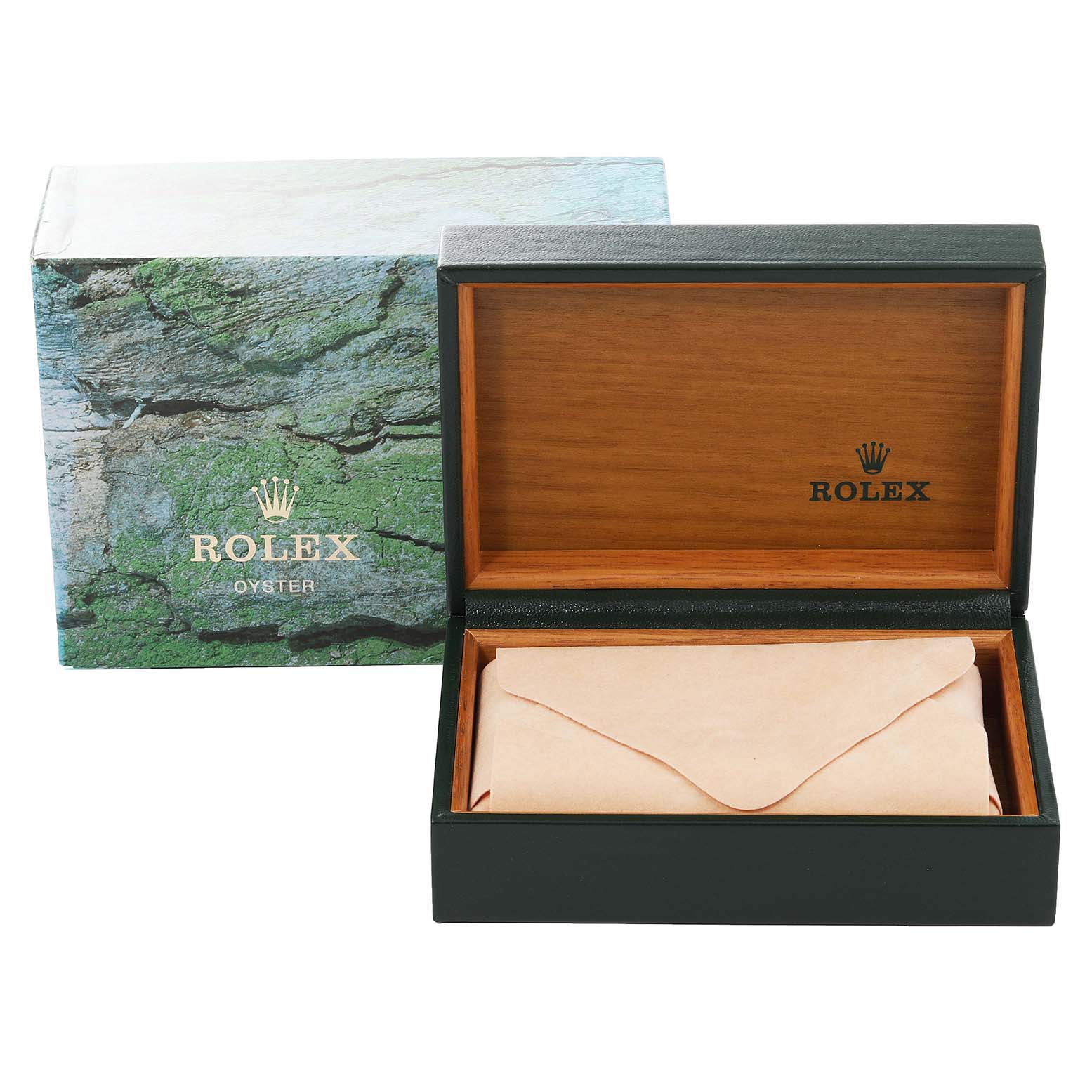 The image shows a Rolex Date 15200 Men's Stainless Steel Black Dial 15200 Men's Stainless Steel Black Dial model watch box and cover, with the box open and containing a leather envelope.