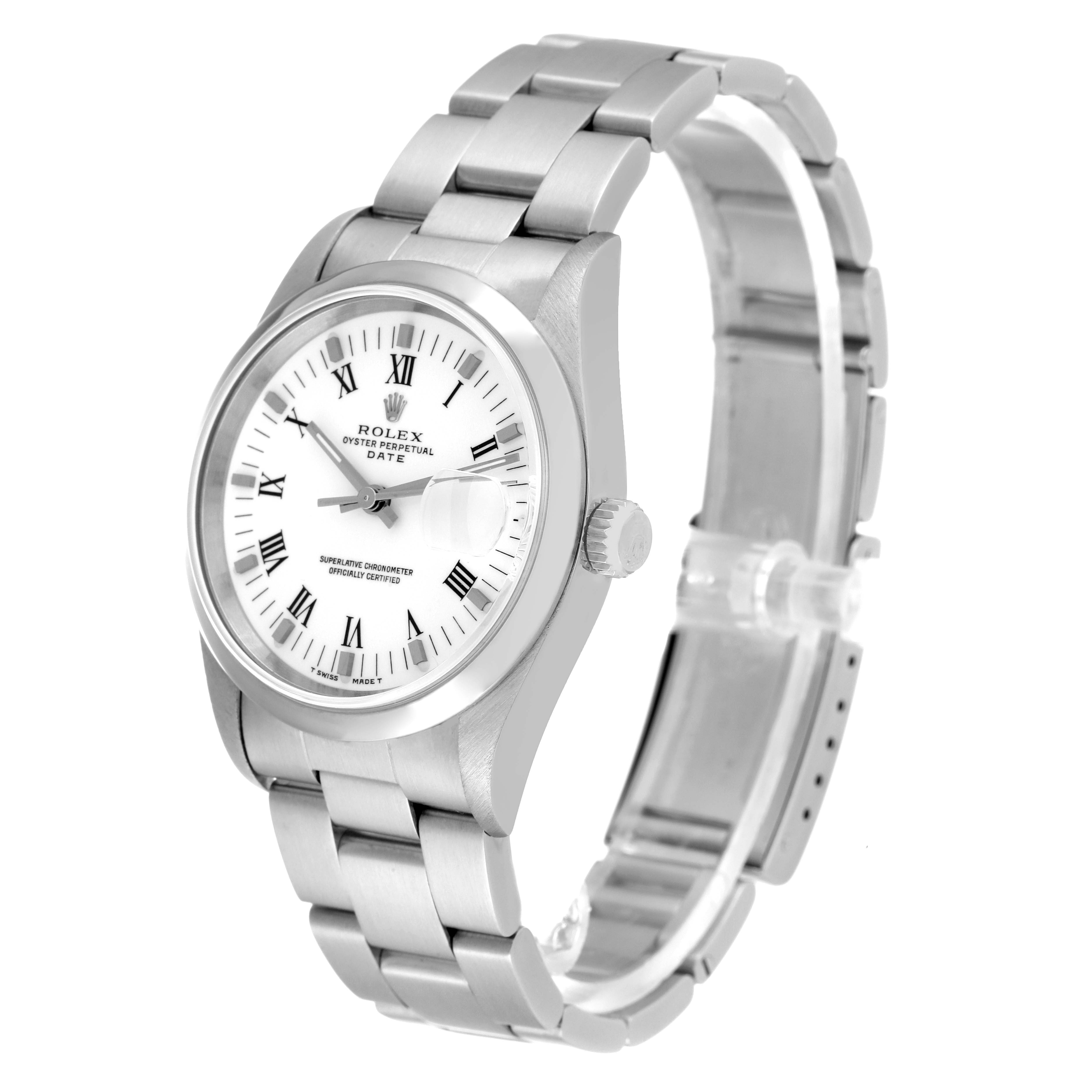 The Rolex Date 15200 Men's Stainless Steel White Dial 15200 Men's Stainless Steel White Dial model watch is shown at a three-quarter angle, displaying the face, bezel, case, crown, and bracelet.
