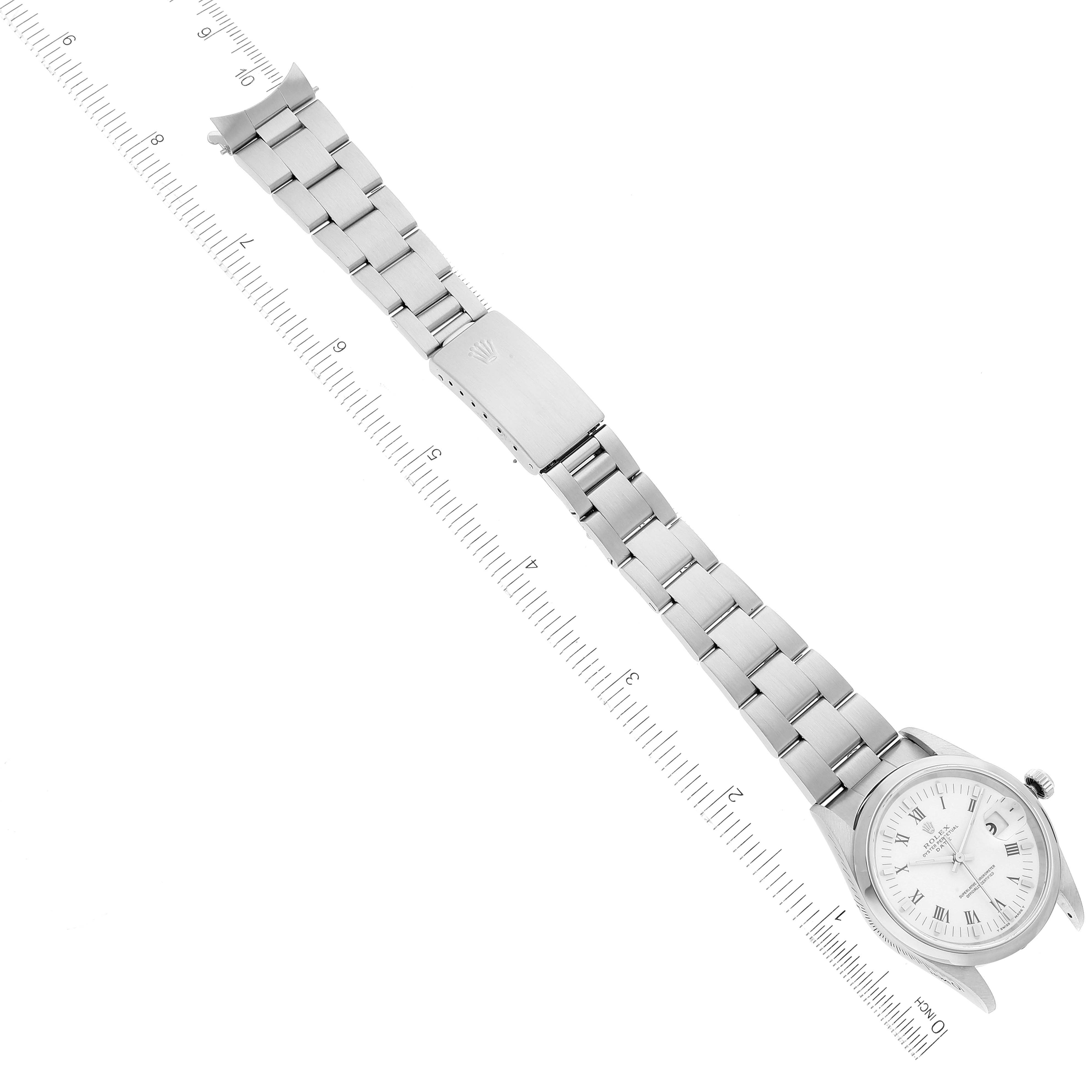 This image shows the Rolex Date 15200 Men's Stainless Steel White Dial 15200 Men's Stainless Steel White Dial model watch laid flat, displaying the entire band, clasp, and face at a top-down angle.