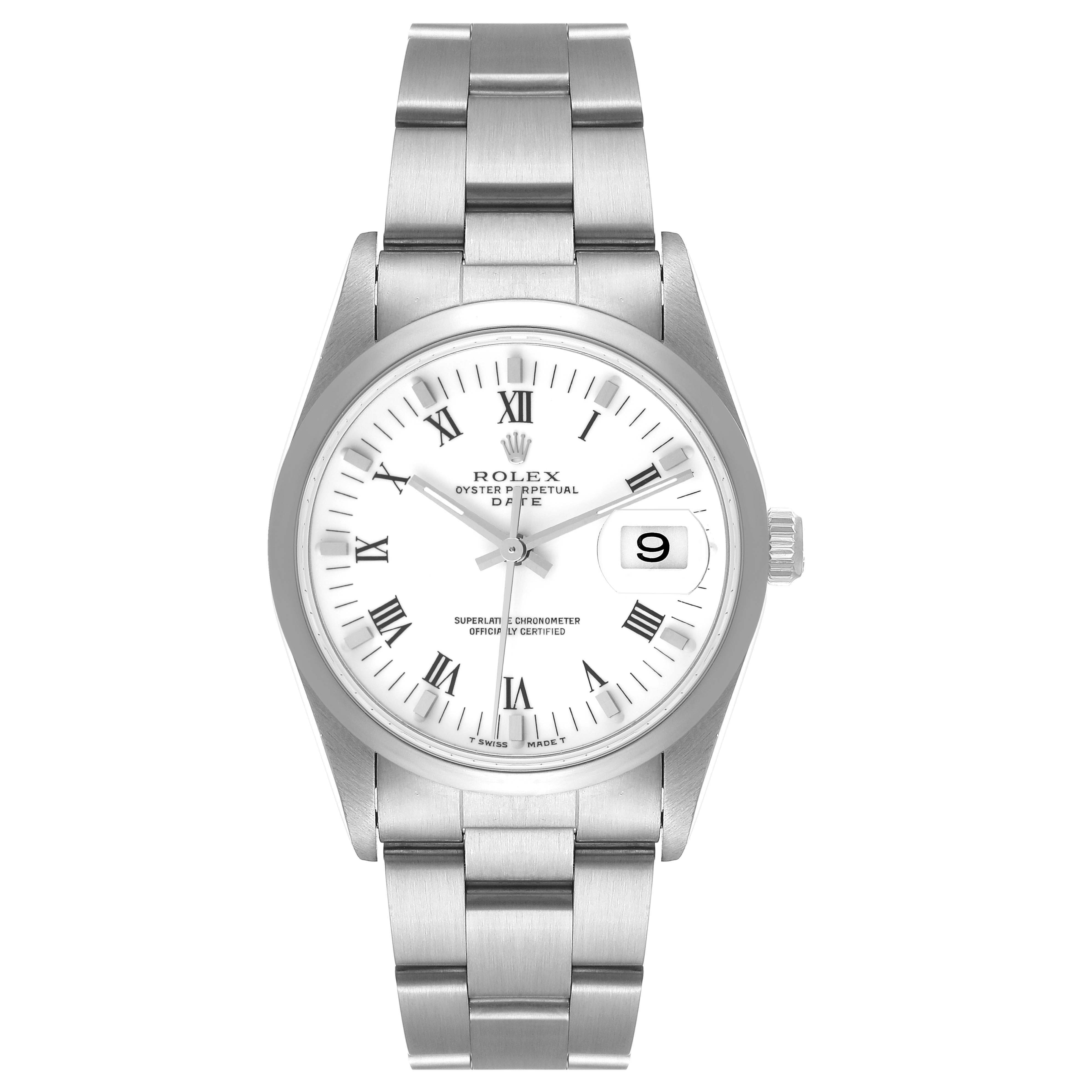 The image shows a front view of a Rolex Date 15200 Men's Stainless Steel White Dial 15200 Men's Stainless Steel White Dial model watch, highlighting the dial, bracelet, and crown.