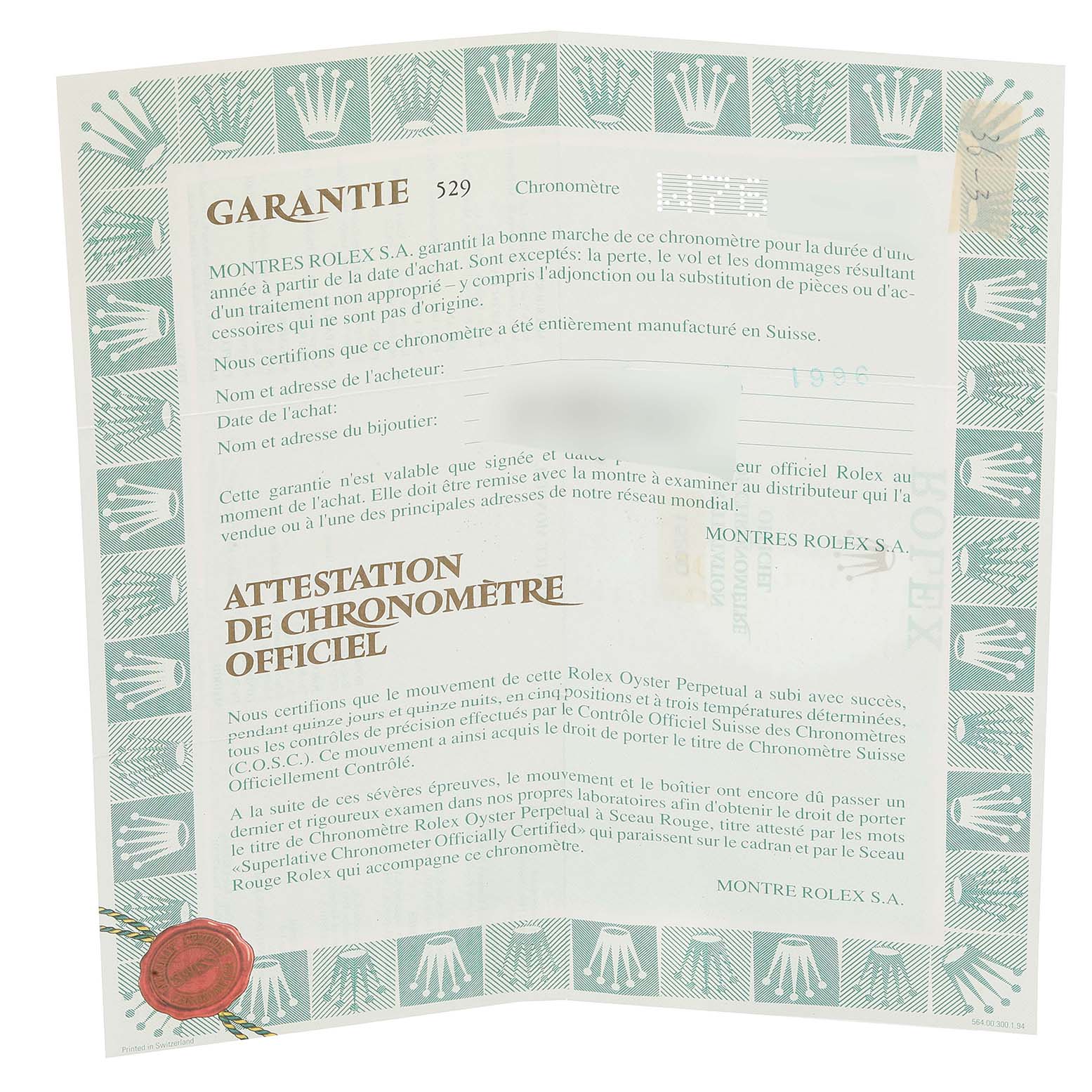 This image shows the warranty certificate for a Rolex Date 15200 Men's Stainless Steel White Dial 15200 Men's Stainless Steel White Dial model watch.