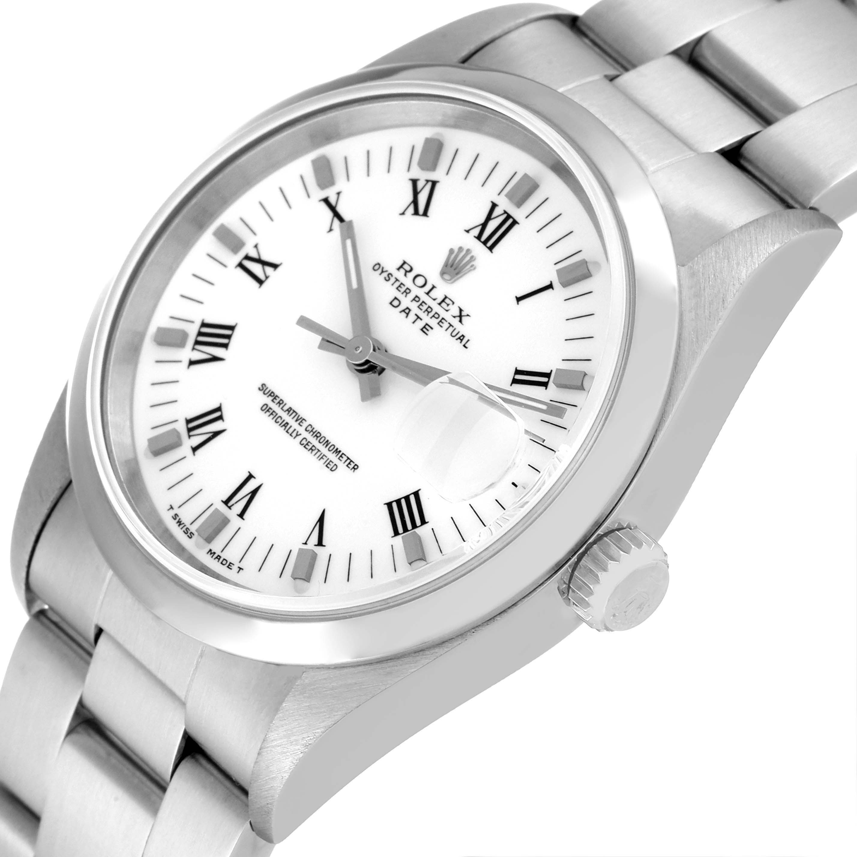 The image shows a close-up of a Rolex Date 15200 Men's Stainless Steel White Dial 15200 Men's Stainless Steel White Dial model watch, highlighting the face, crown, and bracelet at a slight angle.