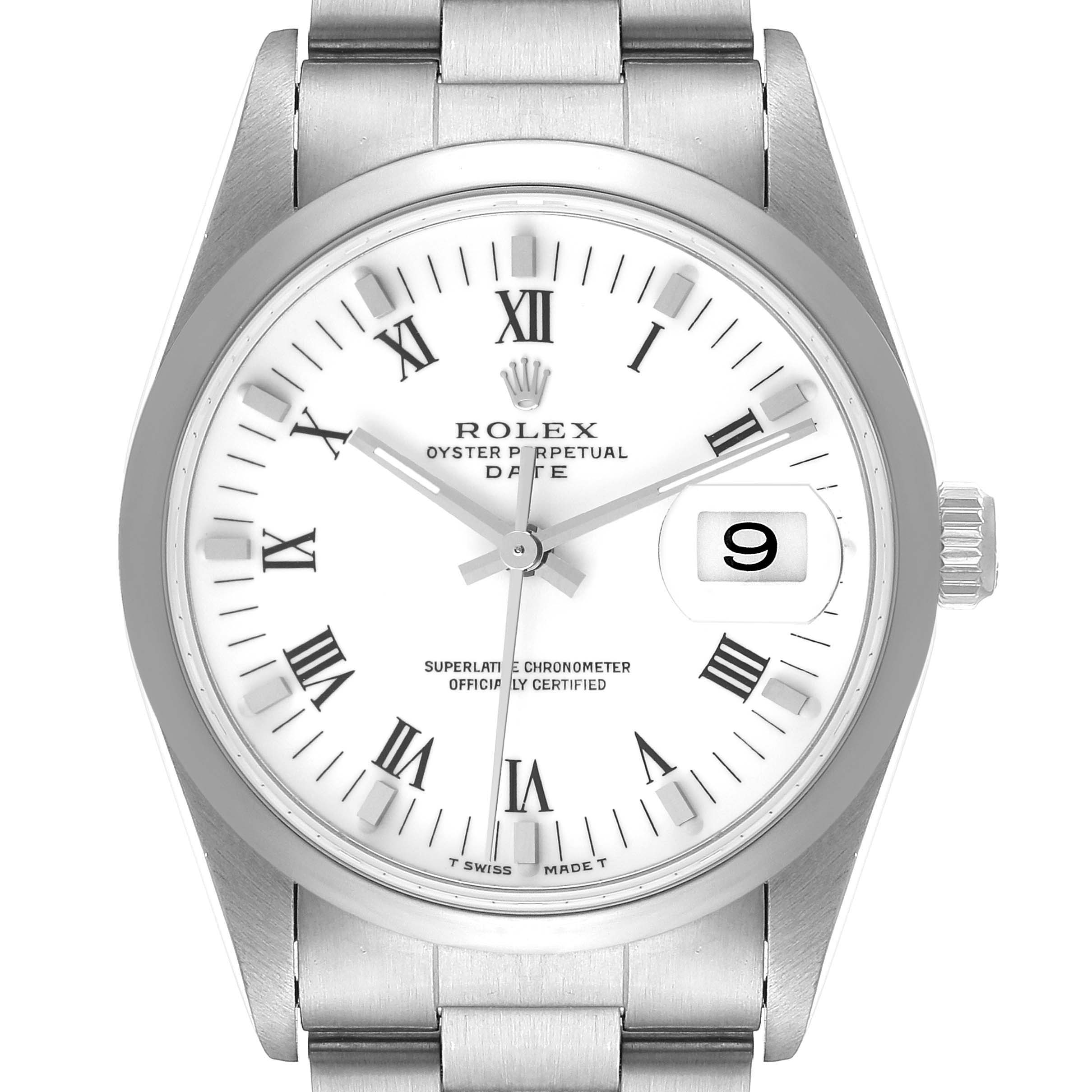 The image shows a front view of the Rolex Date 15200 Men's Stainless Steel White Dial 15200 Men's Stainless Steel White Dial model watch, highlighting the dial, hands, and bracelet.