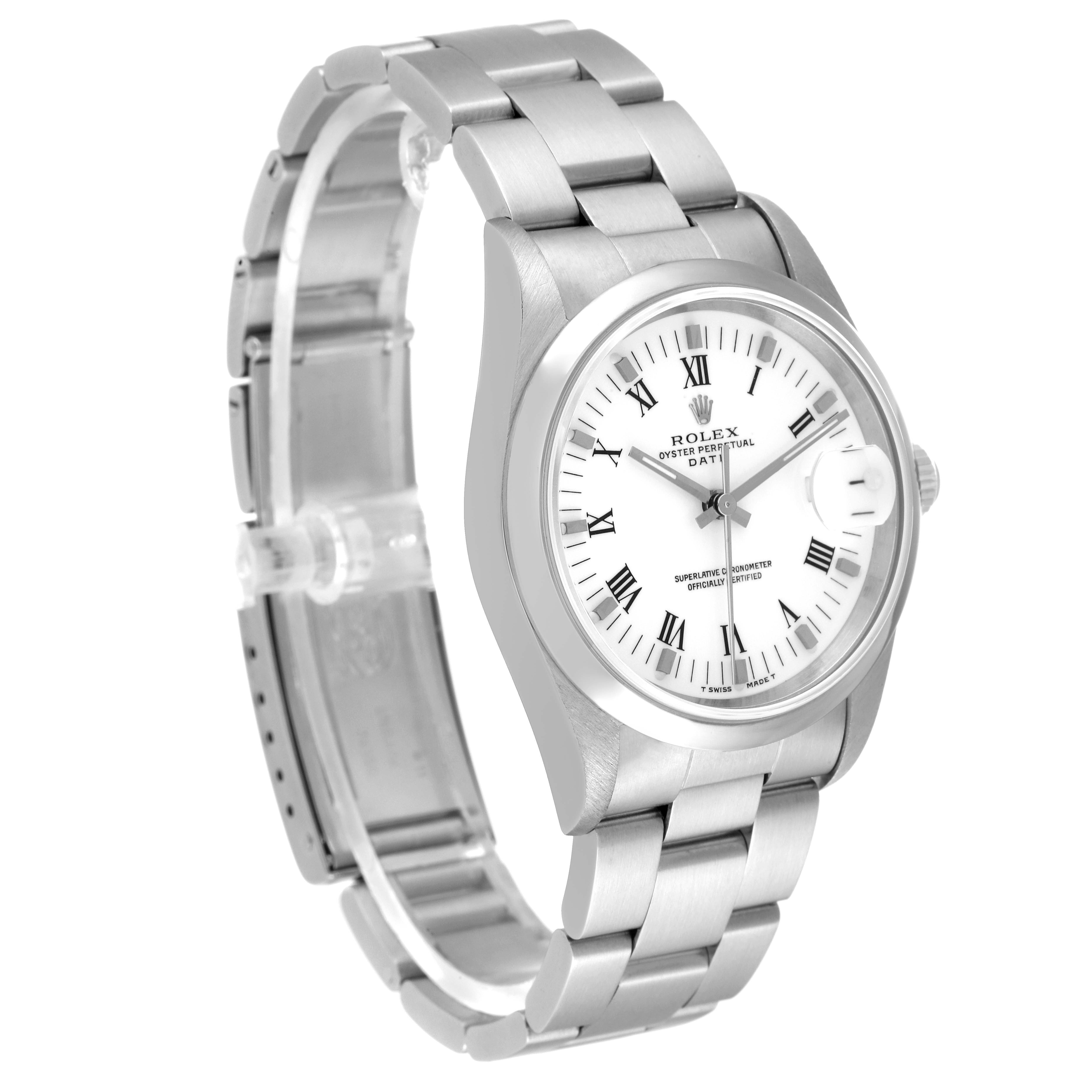 The image shows a Rolex Date 15200 Men's Stainless Steel White Dial 15200 Men's Stainless Steel White Dial model watch at an angled side view, highlighting the bracelet and face with Roman numerals.
