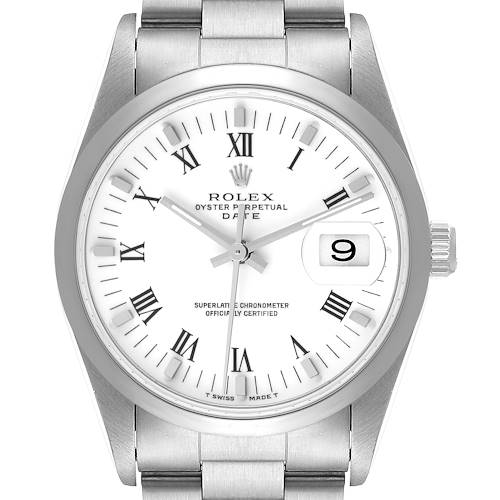 The image shows a front view of a Rolex Oyster Perpetual Date model watch, highlighting its white dial and date window.