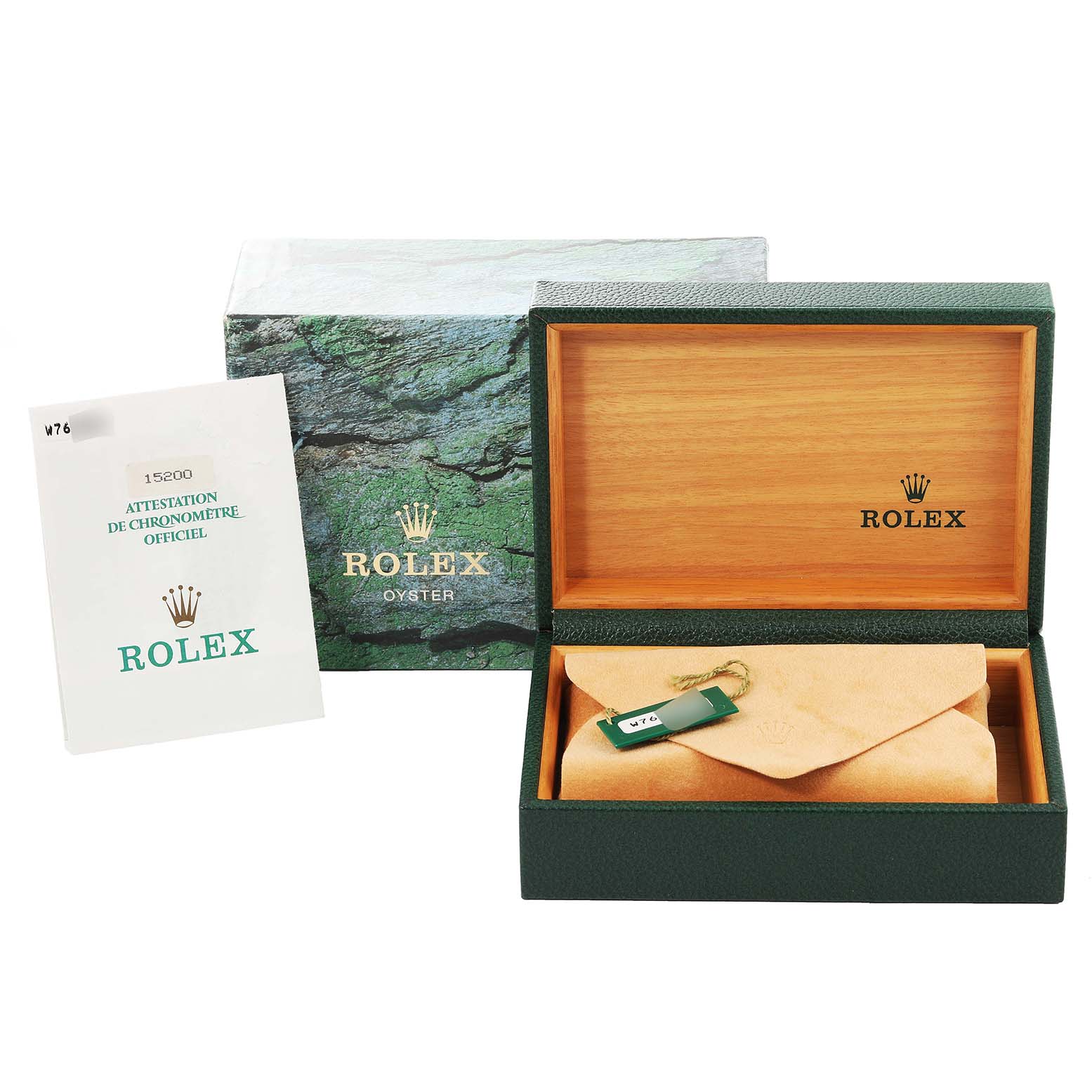 The image shows a Rolex Date 15200 Men's Stainless Steel White Dial 15200 Men's Stainless Steel White Dial packaging including its branded inner and outer boxes, and certification documentation.