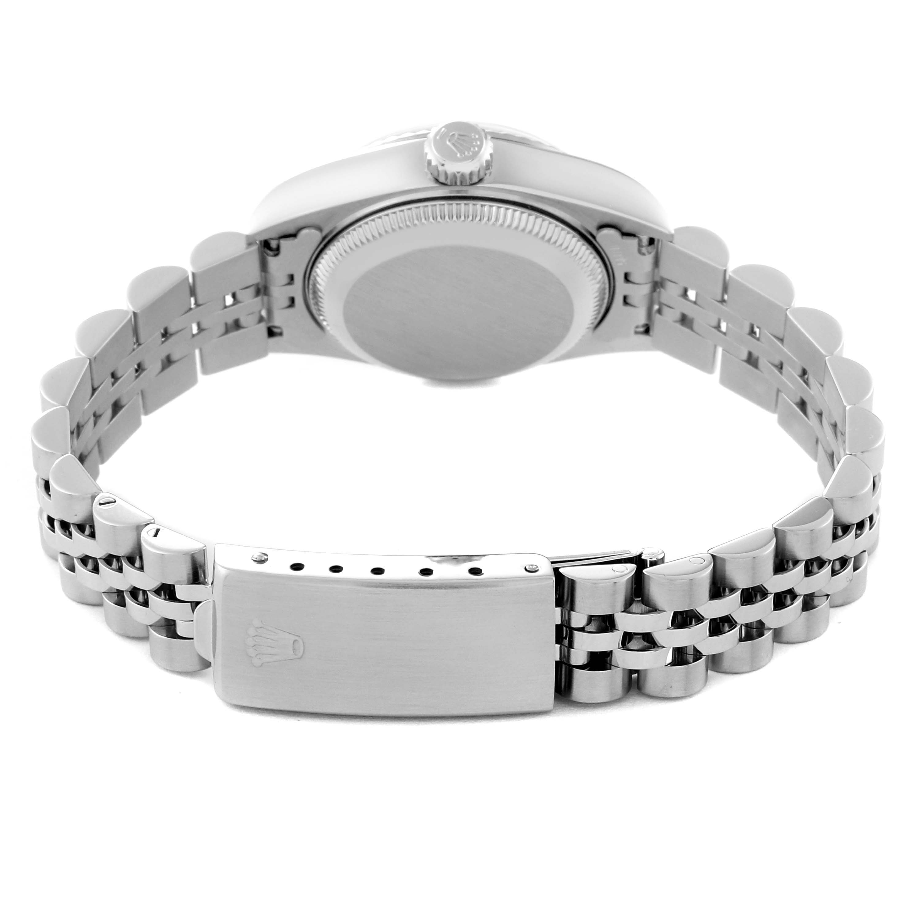 This image shows the back view of a Rolex Datejust 69174 Women's Stainless Steel Black Dial 69174 Women's Stainless Steel Black Dial watch, focusing on the case back and bracelet clasp.