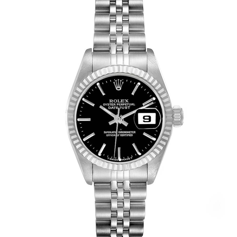 This image shows a front view of a Rolex Datejust 69174 Women's Stainless Steel Black Dial 69174 Women's Stainless Steel Black Dial watch, displaying the face, bezel, crown, and bracelet.