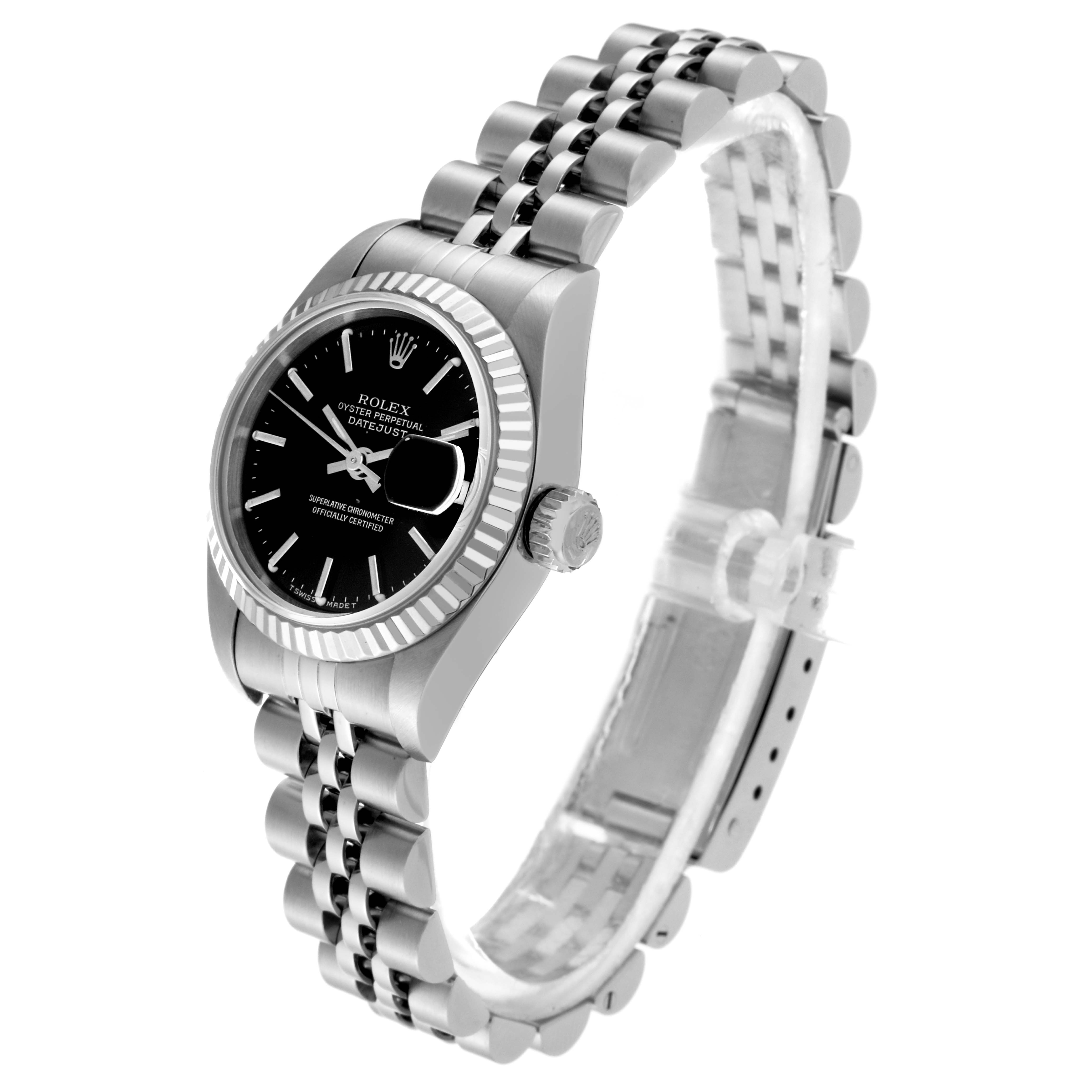 The Rolex Datejust 69174 Women's Stainless Steel Black Dial 69174 Women's Stainless Steel Black Dial watch is shown at a slight angle highlighting the bezel, dial, crown, and part of the bracelet.