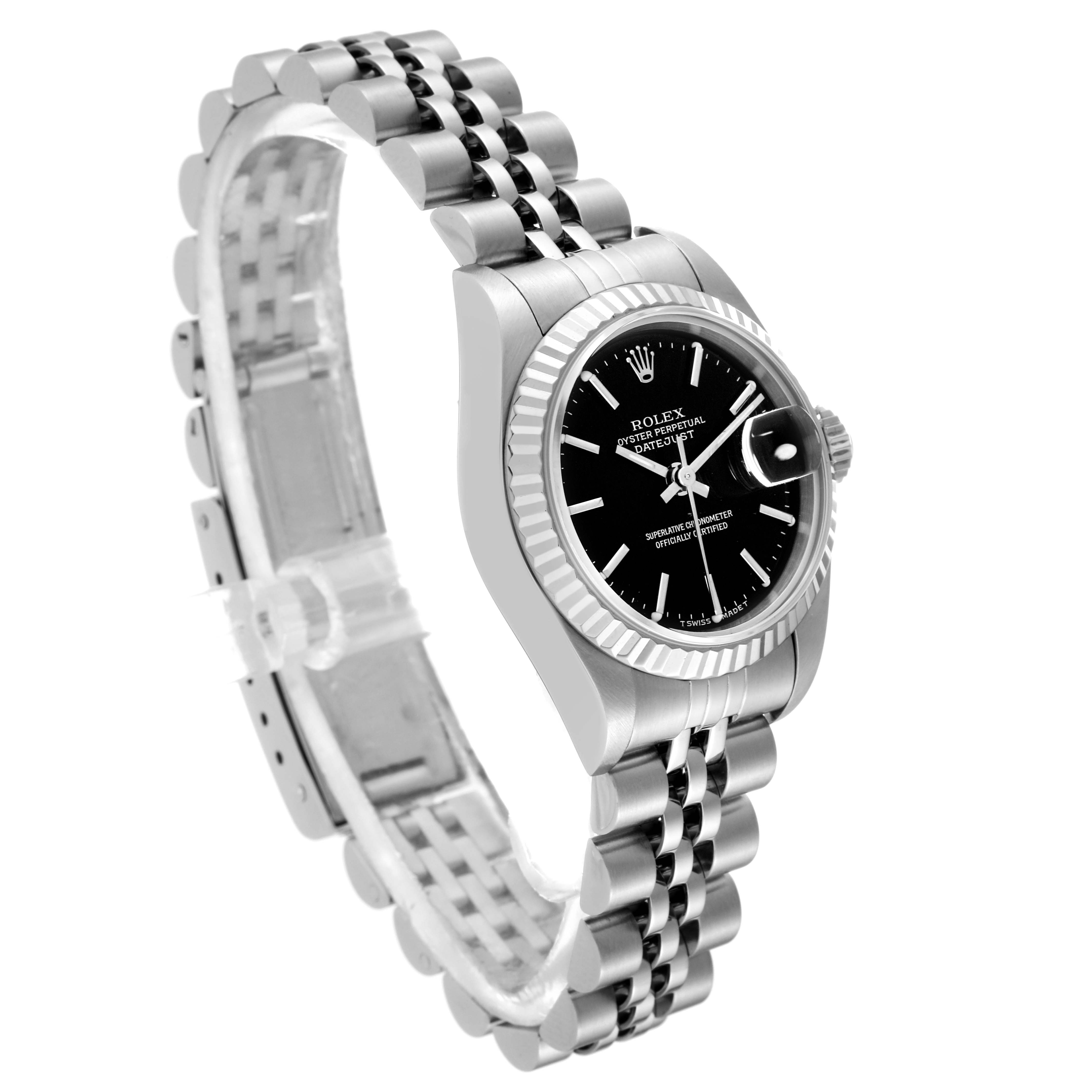 This image shows a side and slightly angled view of the Rolex Datejust 69174 Women's Stainless Steel Black Dial 69174 Women's Stainless Steel Black Dial watch, highlighting its bracelet, case, and dial.