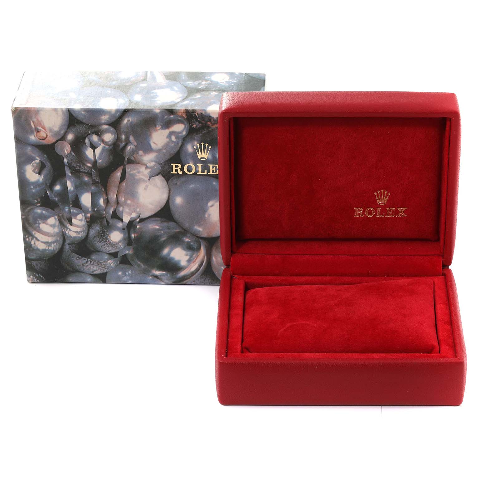 The image shows a red Rolex Datejust 69174 Women's Stainless Steel Black Dial 69174 Women's Stainless Steel Black Dial watch box and its outer packaging at a front angle.