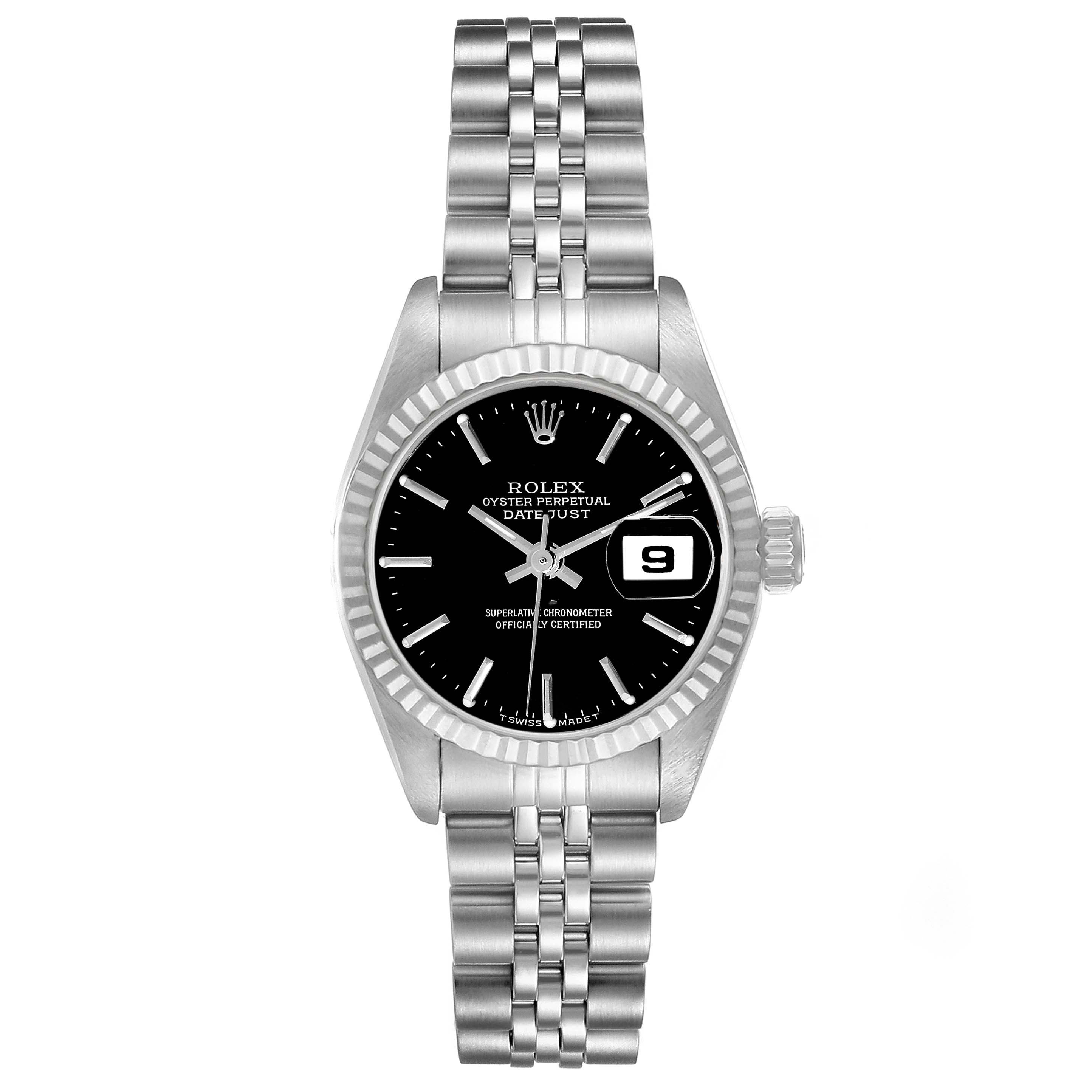 The image shows a front view of a Rolex Datejust 69174 Women's Stainless Steel Black Dial 69174 Women's Stainless Steel Black Dial watch, displaying the dial, bezel, bracelet, and date window.