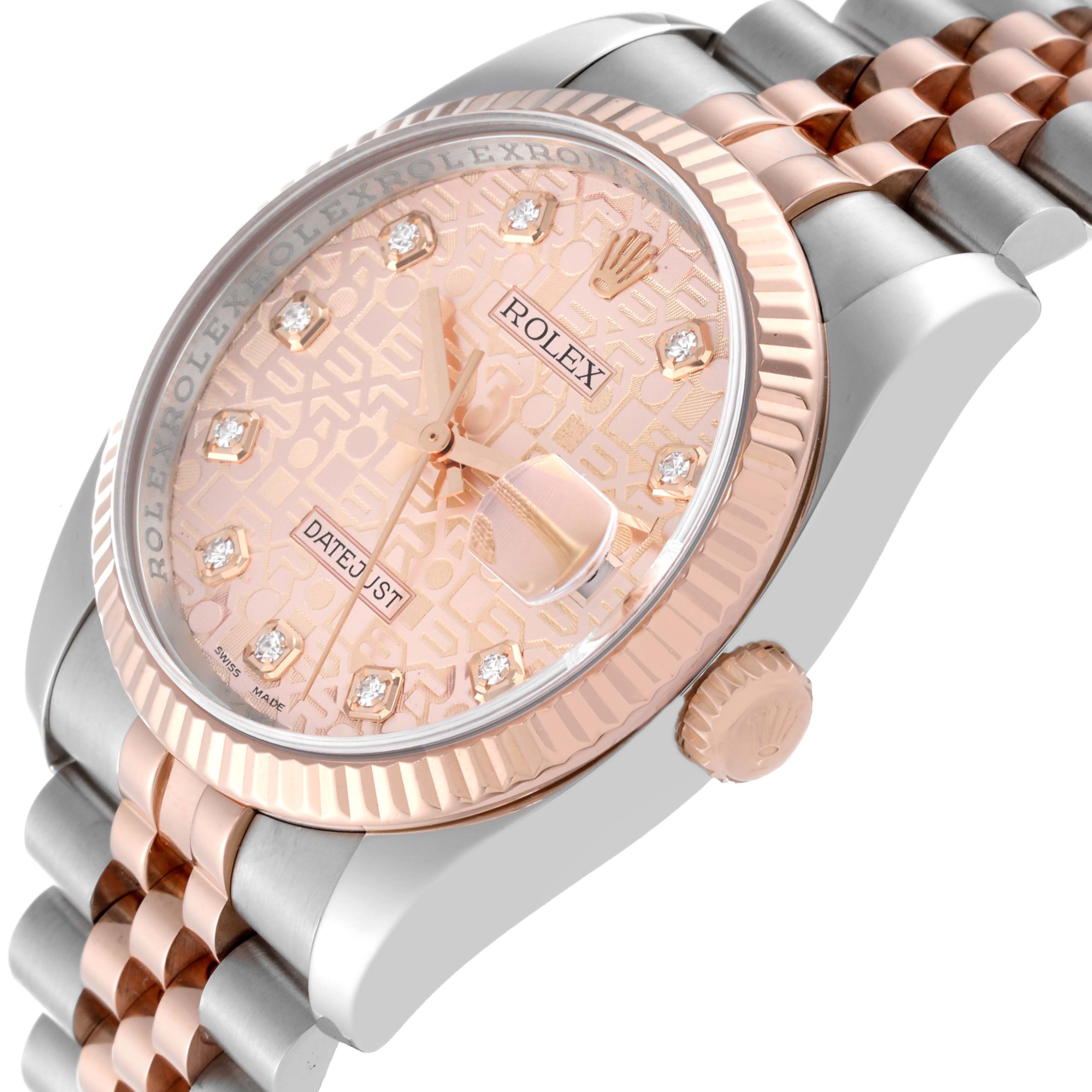 The image shows a close-up side angle of a Rolex Datejust 116231 Men's Steel and Gold (two tone) Pink Dial 116231 Men's Steel and Gold (two tone) Pink Dial, highlighting the dial, bezel, crown, and part of the bracelet. 