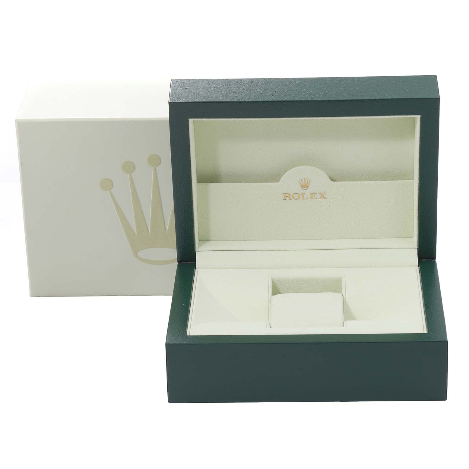 The image shows an open Rolex Datejust 116231 Men's Steel and Gold (two tone) Pink Dial 116231 Men's Steel and Gold (two tone) Pink Dial watch box and an outer branded sleeve at a front angle.