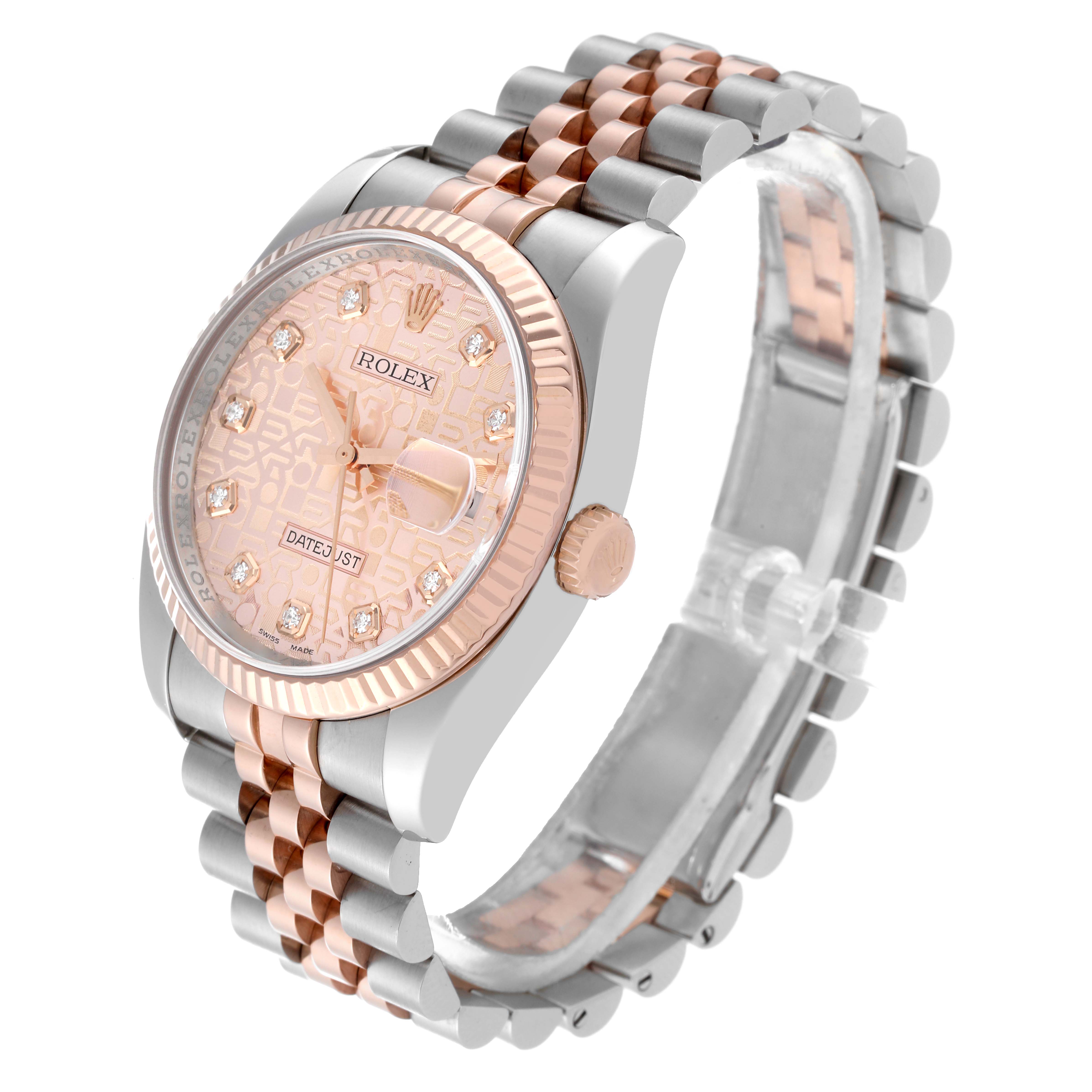 The Rolex Datejust 116231 Men's Steel and Gold (two tone) Pink Dial 116231 Men's Steel and Gold (two tone) Pink Dial watch is shown at an angle, highlighting its face, bezel, crown, and the two-tone bracelet.