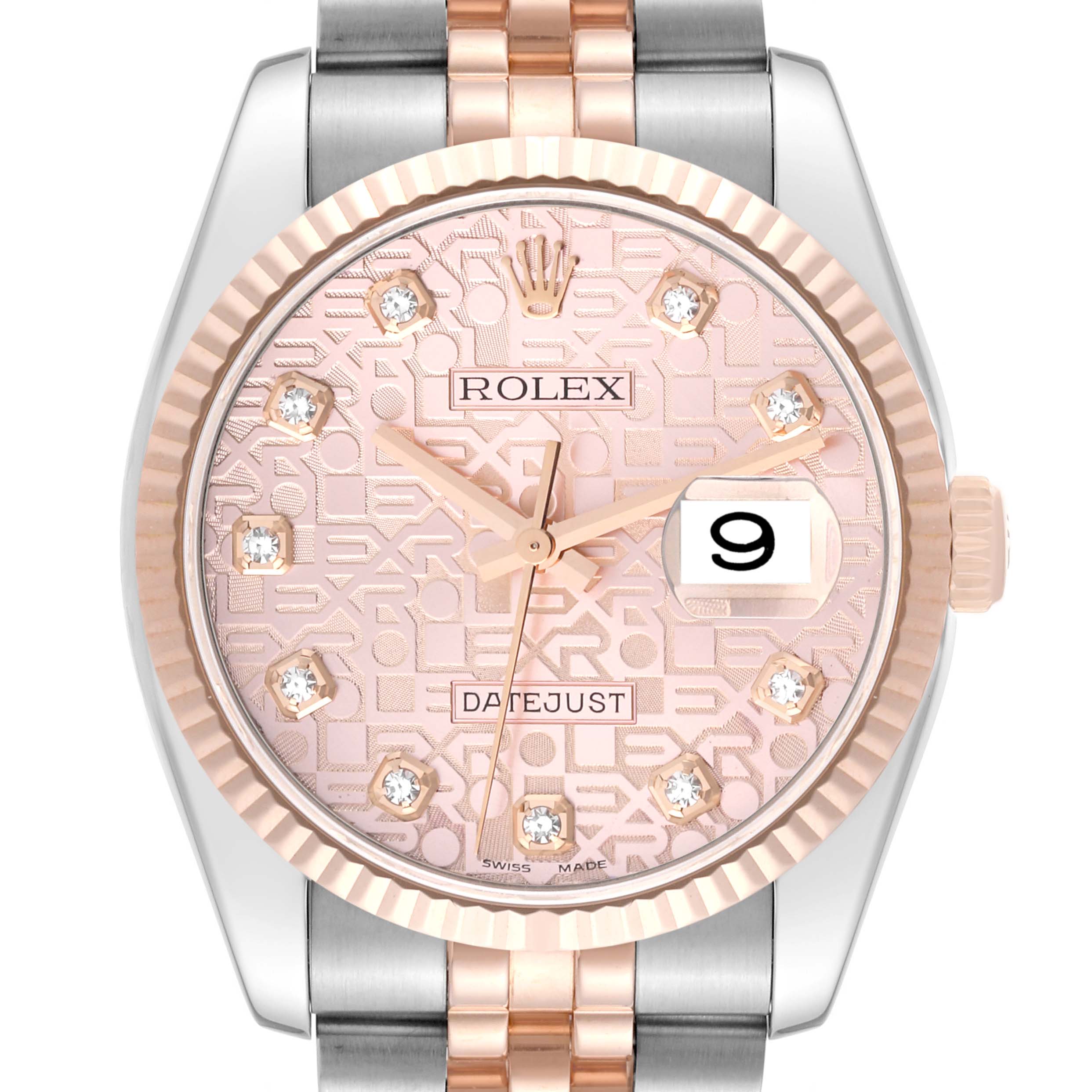 This is a close-up, frontal view of the Rolex Datejust 116231 Men's Steel and Gold (two tone) Pink Dial 116231 Men's Steel and Gold (two tone) Pink Dial watch, showing the face, bezel, crown, and part of the strap.