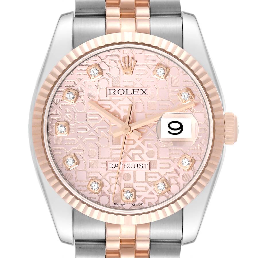 This is a close-up, frontal view of the Rolex Datejust 116231 Men's Steel and Gold (two tone) Pink Dial 116231 Men's Steel and Gold (two tone) Pink Dial watch, showing the face, bezel, crown, and part of the strap.
