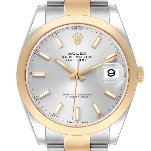 The image shows a front view of the Rolex Datejust 41 model, model number 126303, highlighting the dial, bezel, crown, and part of the bracelet.