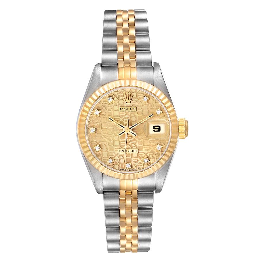 This Rolex Datejust 69173 Women's Steel and Gold (two tone) Champagne Dial 69173 Women's Steel and Gold (two tone) Champagne Dial watch is shown from a top-down angle, displaying its face, bezel, crown, and bracelet.