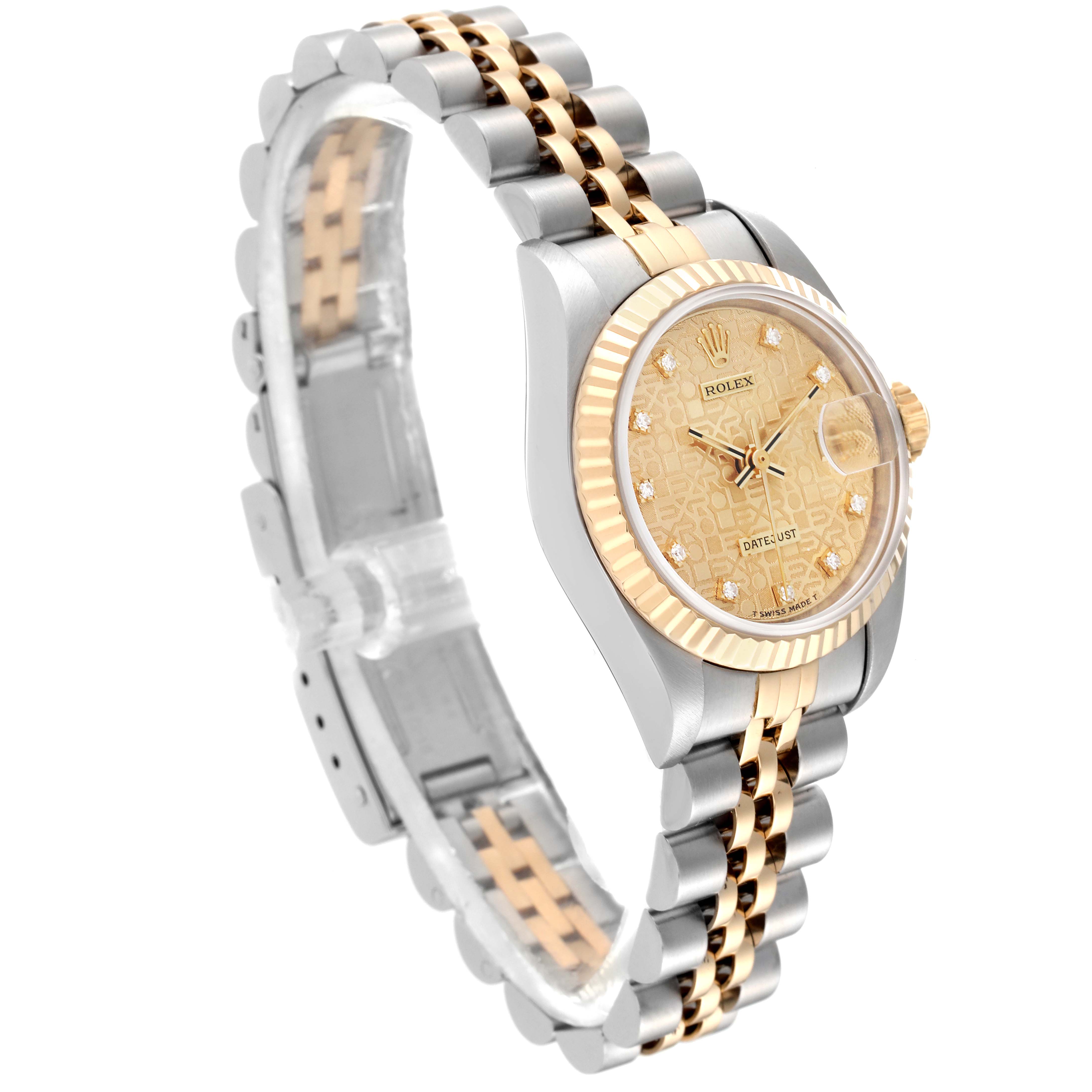 The Rolex Datejust 69173 Women's Steel and Gold (two tone) Champagne Dial 69173 Women's Steel and Gold (two tone) Champagne Dial watch is shown at a slight angle, featuring its two-tone metal bracelet and detailed face with diamond markers.