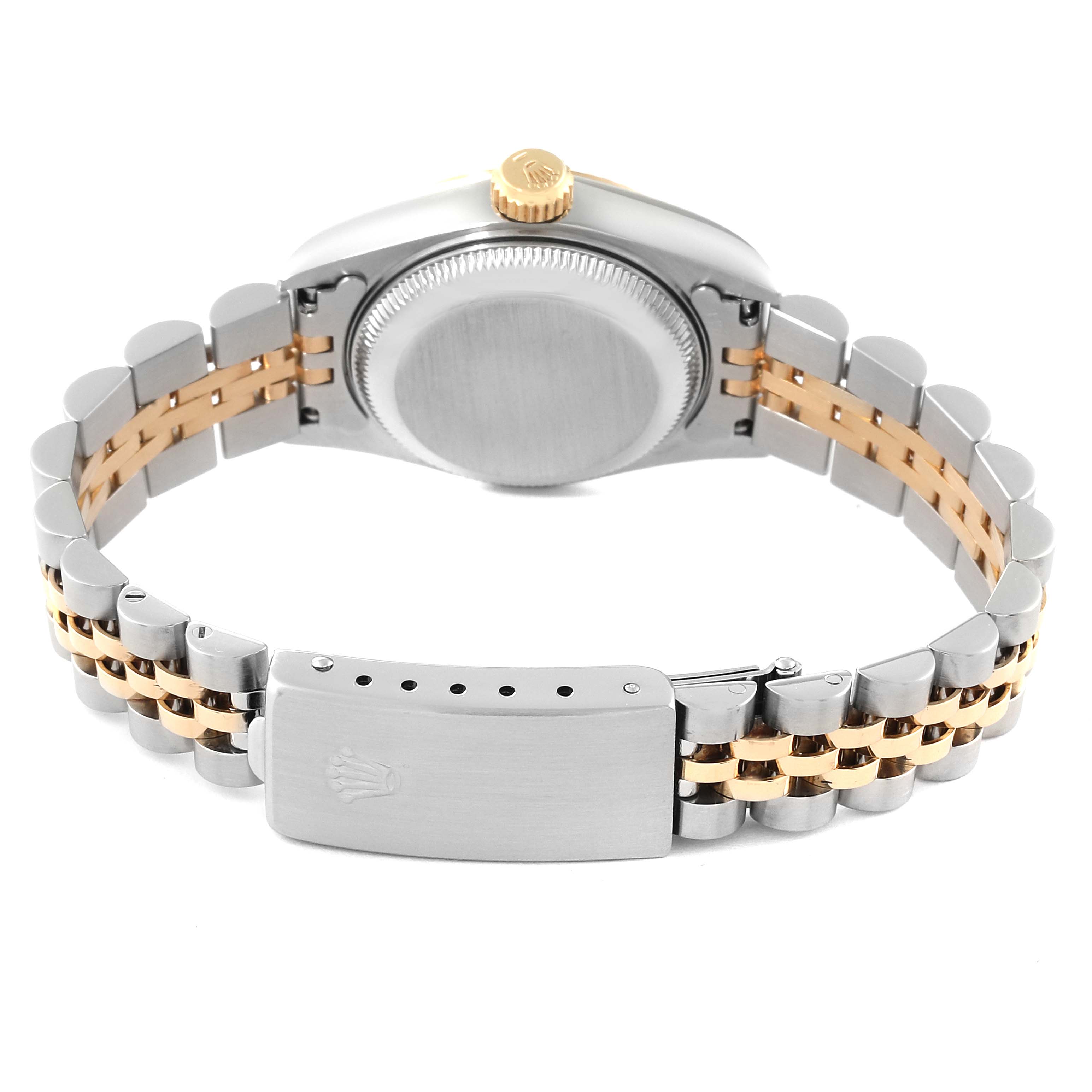 The image shows the back view of a Rolex Datejust 69173 Women's Steel and Gold (two tone) Champagne Dial 69173 Women's Steel and Gold (two tone) Champagne Dial watch, highlighting the two-tone bracelet and clasp.