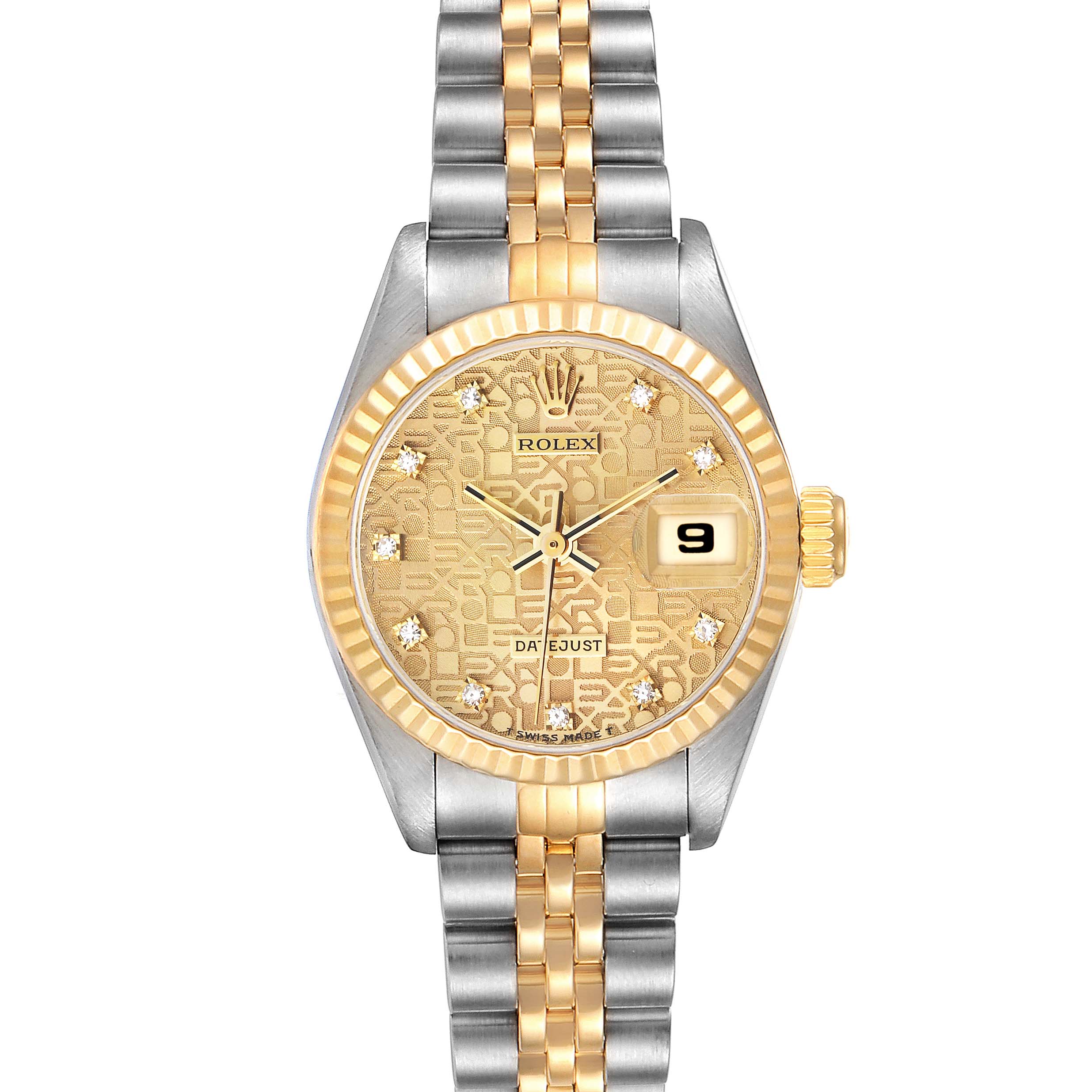 This image shows a front view of a Rolex Datejust 69173 Women's Steel and Gold (two tone) Champagne Dial 69173 Women's Steel and Gold (two tone) Champagne Dial watch highlighting the face, bezel, and two-tone bracelet.