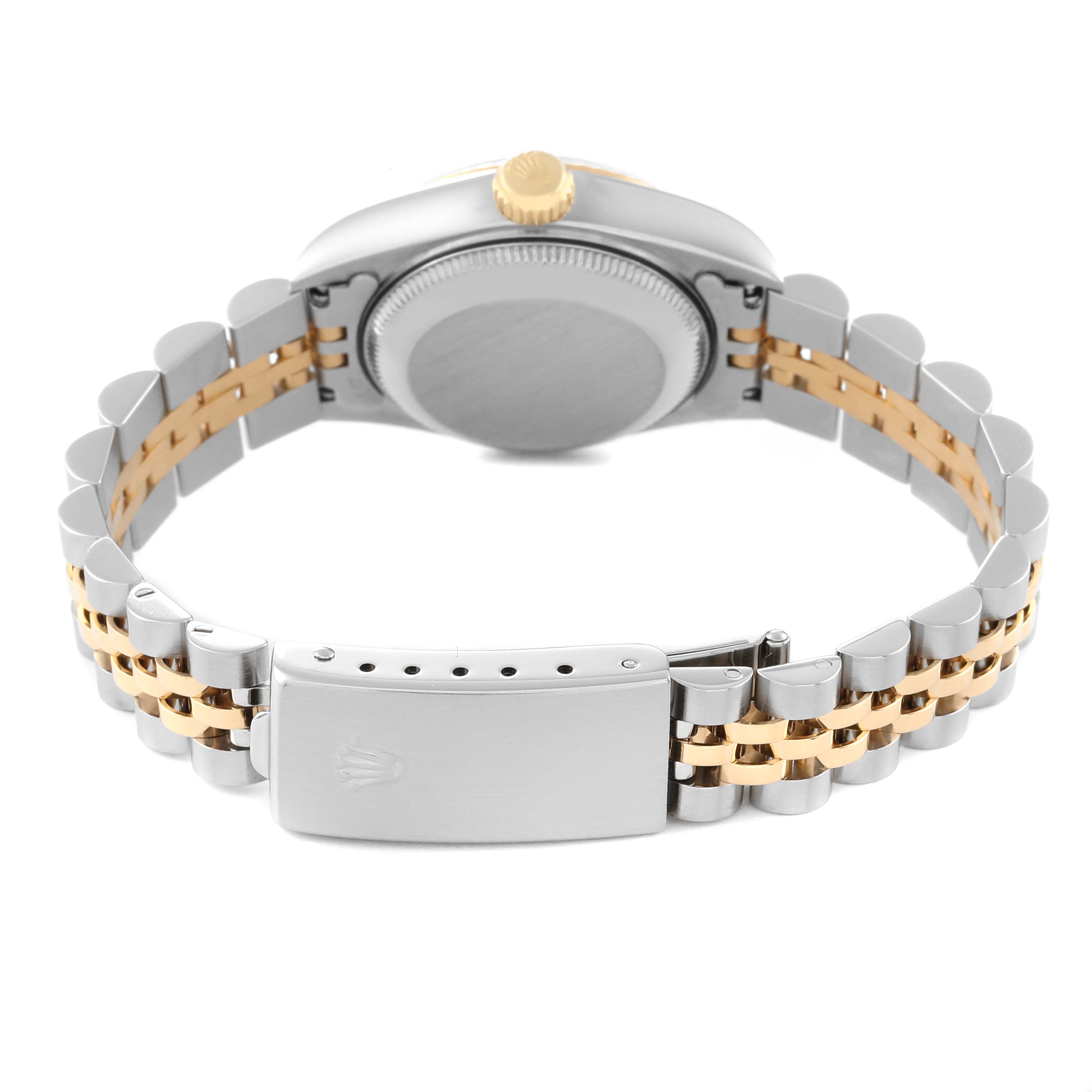 This image shows the back view of a Rolex Datejust 69173 Women's Steel and Gold (two tone) Blue Dial 69173 Women's Steel and Gold (two tone) Blue Dial watch, highlighting the clasp, bracelet, and case back.