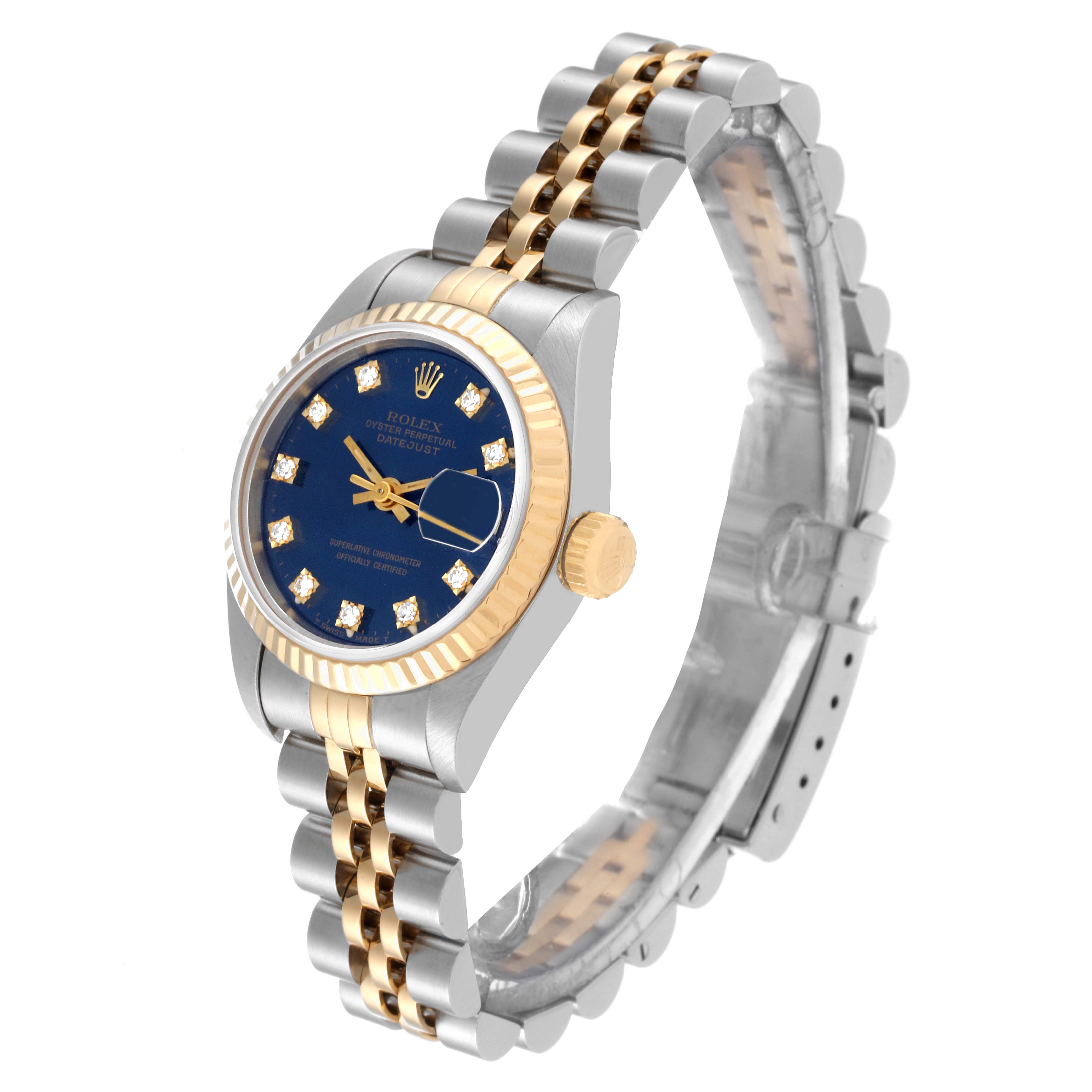 This Rolex Datejust 69173 Women's Steel and Gold (two tone) Blue Dial 69173 Women's Steel and Gold (two tone) Blue Dial watch is displayed at a three-quarter angle, showing the dial, fluted bezel, crown, and Jubilee bracelet.