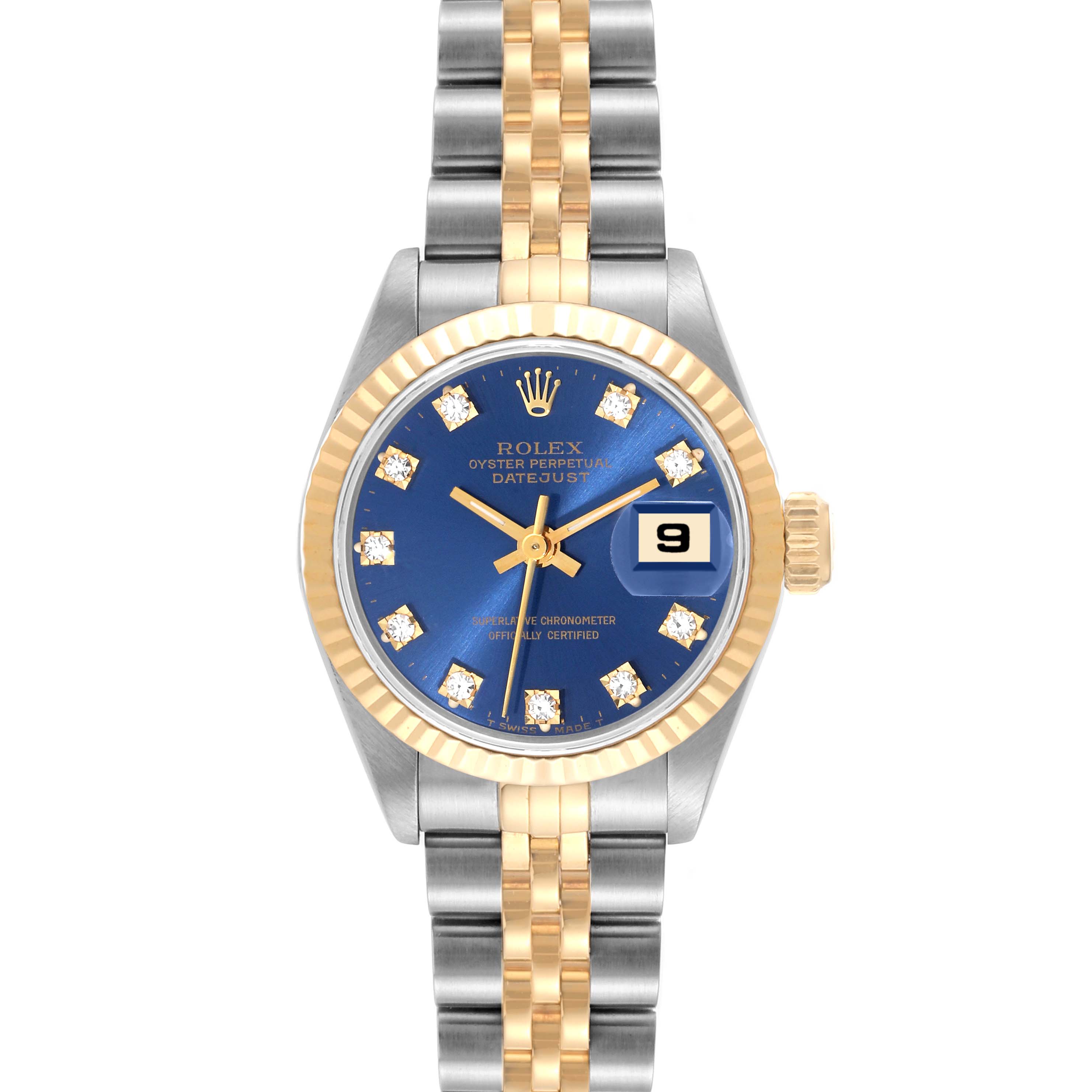 This image shows a frontal view of a Rolex Datejust 69173 Women's Steel and Gold (two tone) Blue Dial 69173 Women's Steel and Gold (two tone) Blue Dial watch, highlighting its blue dial, fluted bezel, and Jubilee bracelet.