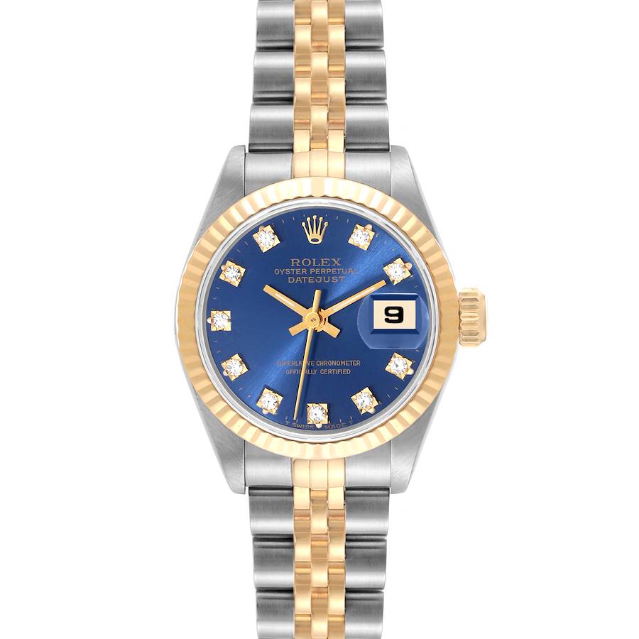 This image shows a frontal view of a Rolex Datejust 69173 Women's Steel and Gold (two tone) Blue Dial 69173 Women's Steel and Gold (two tone) Blue Dial watch, highlighting its blue dial, fluted bezel, and Jubilee bracelet.