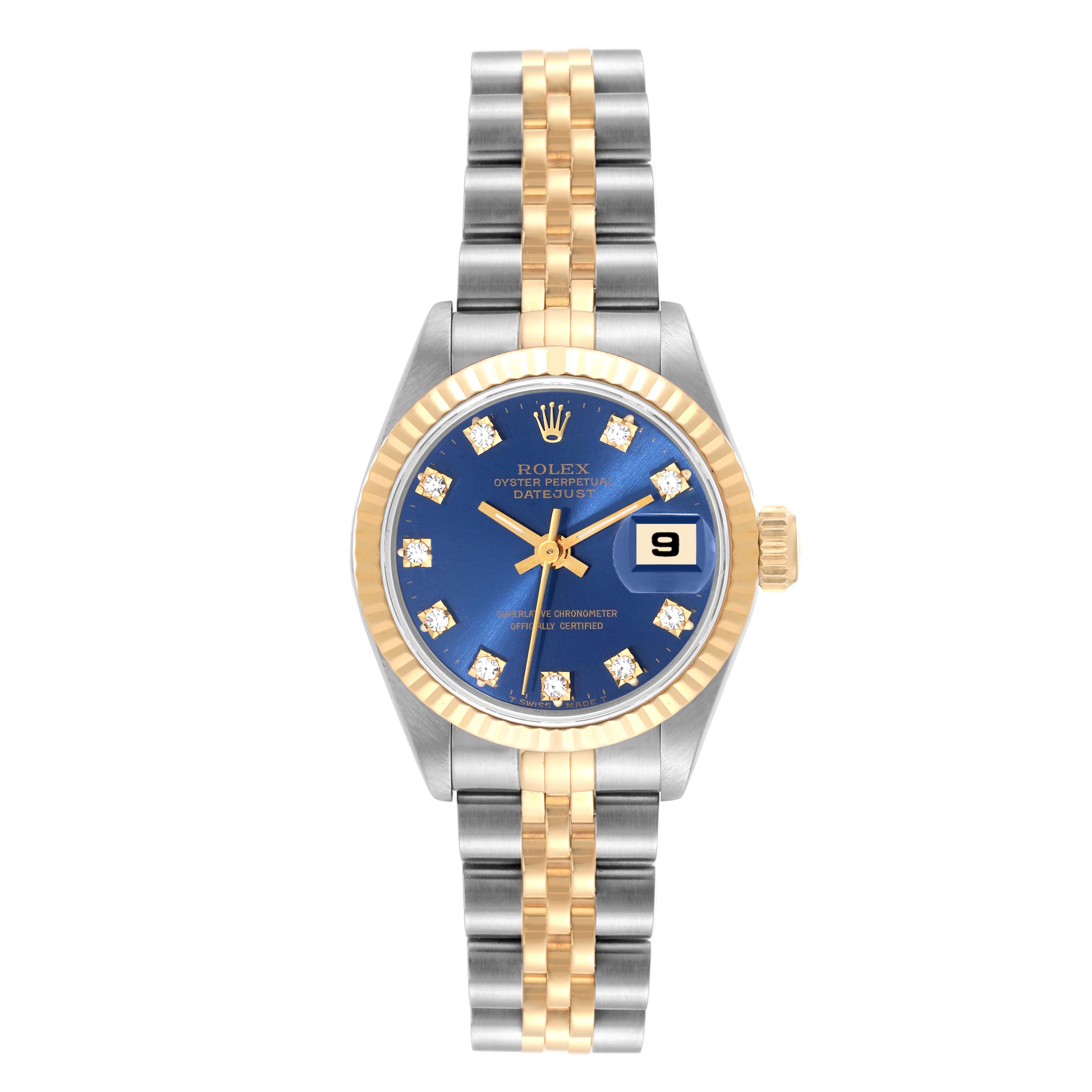 This image shows a Rolex Datejust 69173 Women's Steel and Gold (two tone) Blue Dial 69173 Women's Steel and Gold (two tone) Blue Dial watch from a front angle, highlighting its blue dial, date display, and two-tone bracelet.