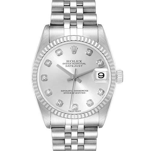 This is a head-on view of a Rolex Datejust Mid-Size watch showing the dial, hands, date window, bracelet, and crown.