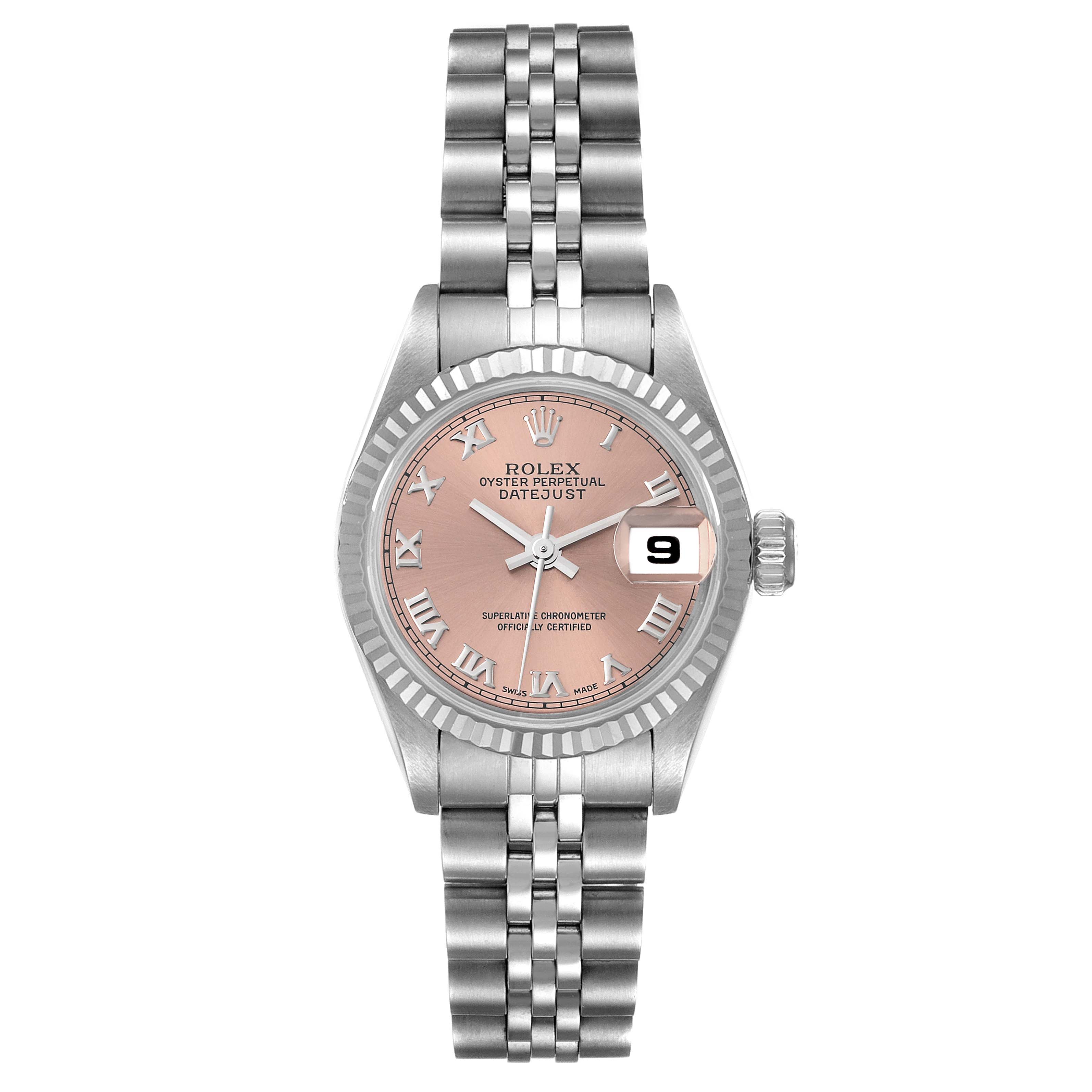 The image shows a Rolex Datejust 69174 Women's Stainless Steel Pink Dial 69174 Women's Stainless Steel Pink Dial watch from a top-down angle, featuring a pink dial with Roman numerals and a stainless steel bracelet.