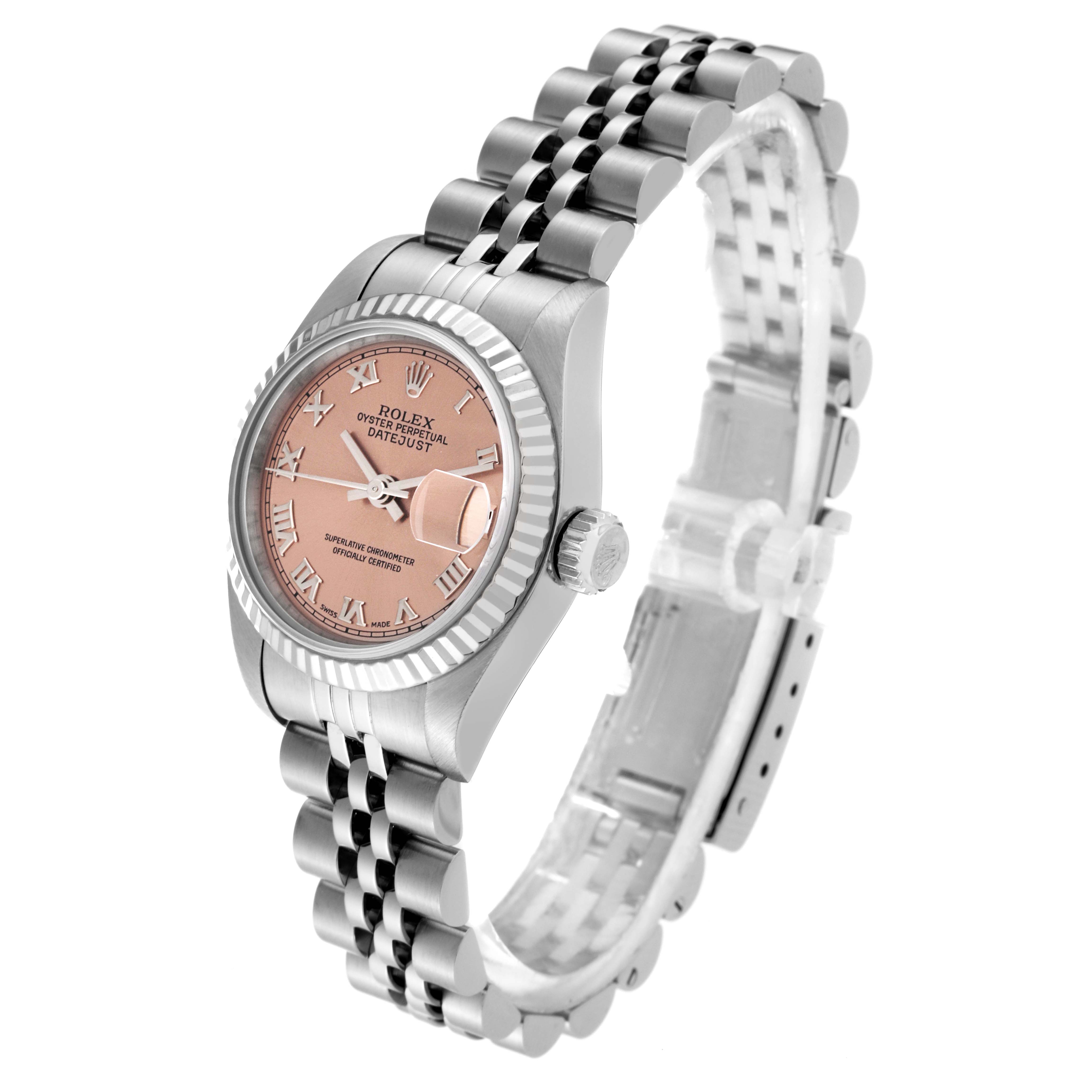 The Rolex Datejust 69174 Women's Stainless Steel Pink Dial 69174 Women's Stainless Steel Pink Dial watch is shown at a three-quarter angle, displaying the dial, bezel, crown, and part of the bracelet.