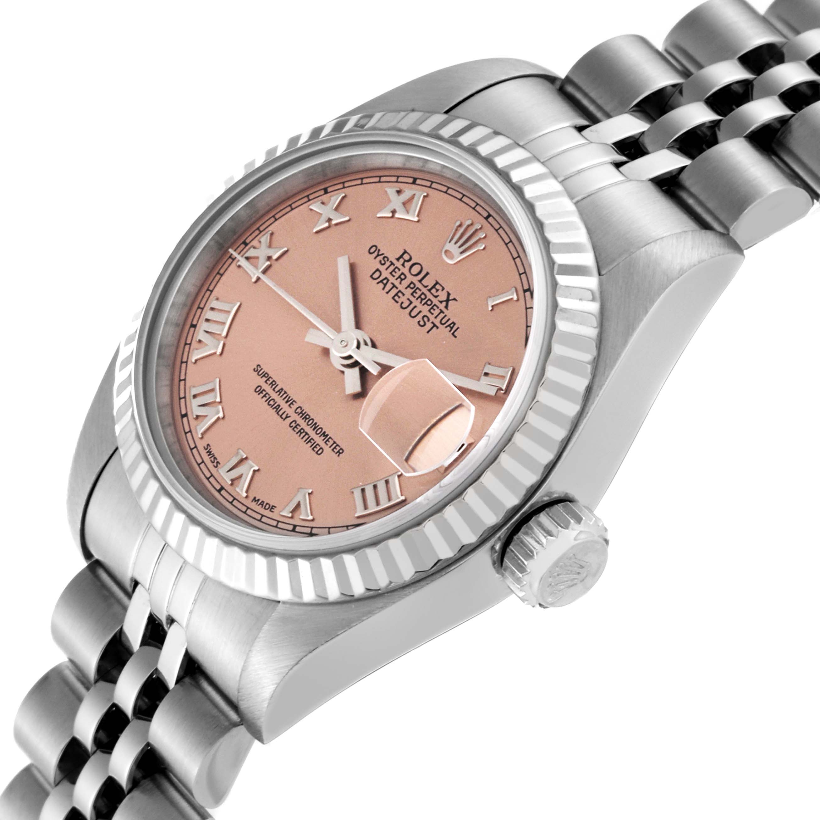 The image shows a close-up angled view of the Rolex Datejust 69174 Women's Stainless Steel Pink Dial 69174 Women's Stainless Steel Pink Dial watch, highlighting the dial, bezel, crown, and part of the bracelet.