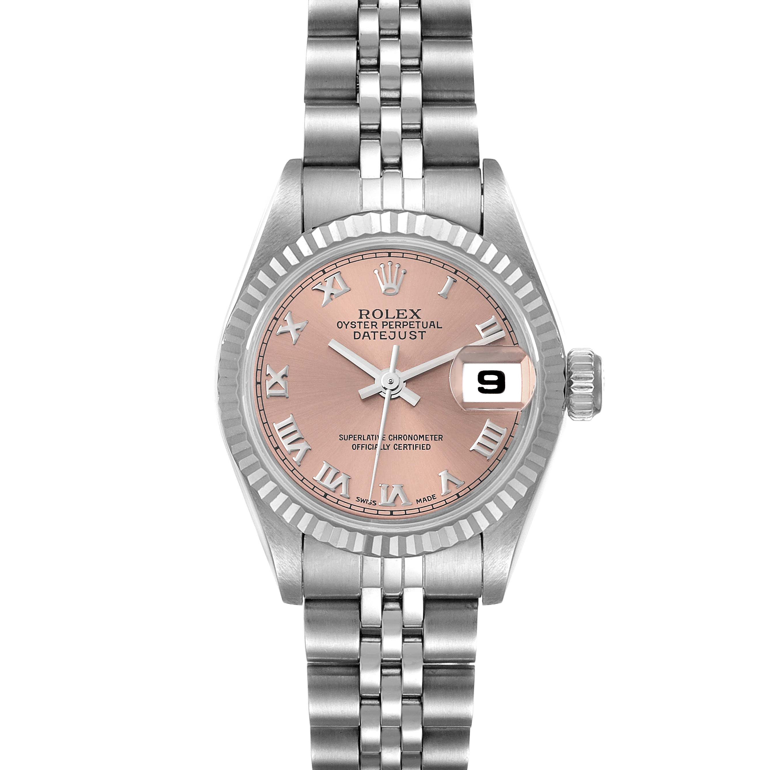 The image shows a frontal view of the Rolex Datejust 69174 Women's Stainless Steel Pink Dial 69174 Women's Stainless Steel Pink Dial watch, highlighting its pink dial, Roman numerals, date display, and stainless steel bracelet.