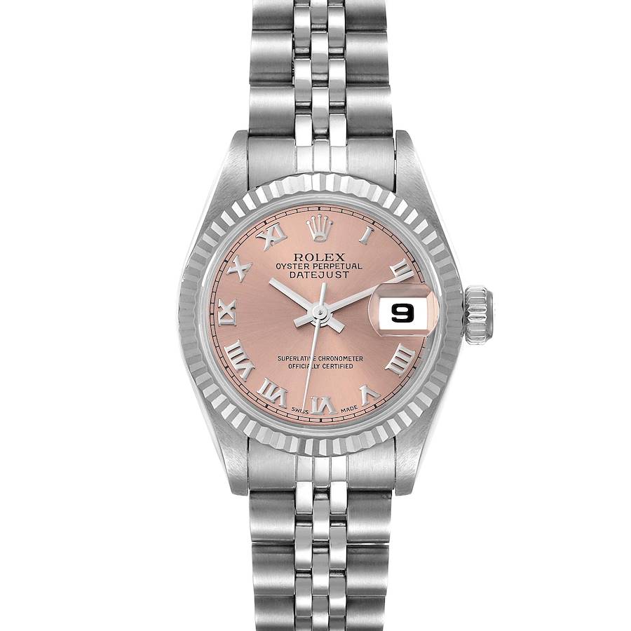 The image shows a frontal view of the Rolex Datejust 69174 Women's Stainless Steel Pink Dial 69174 Women's Stainless Steel Pink Dial watch, highlighting its pink dial, Roman numerals, date display, and stainless steel bracelet.
