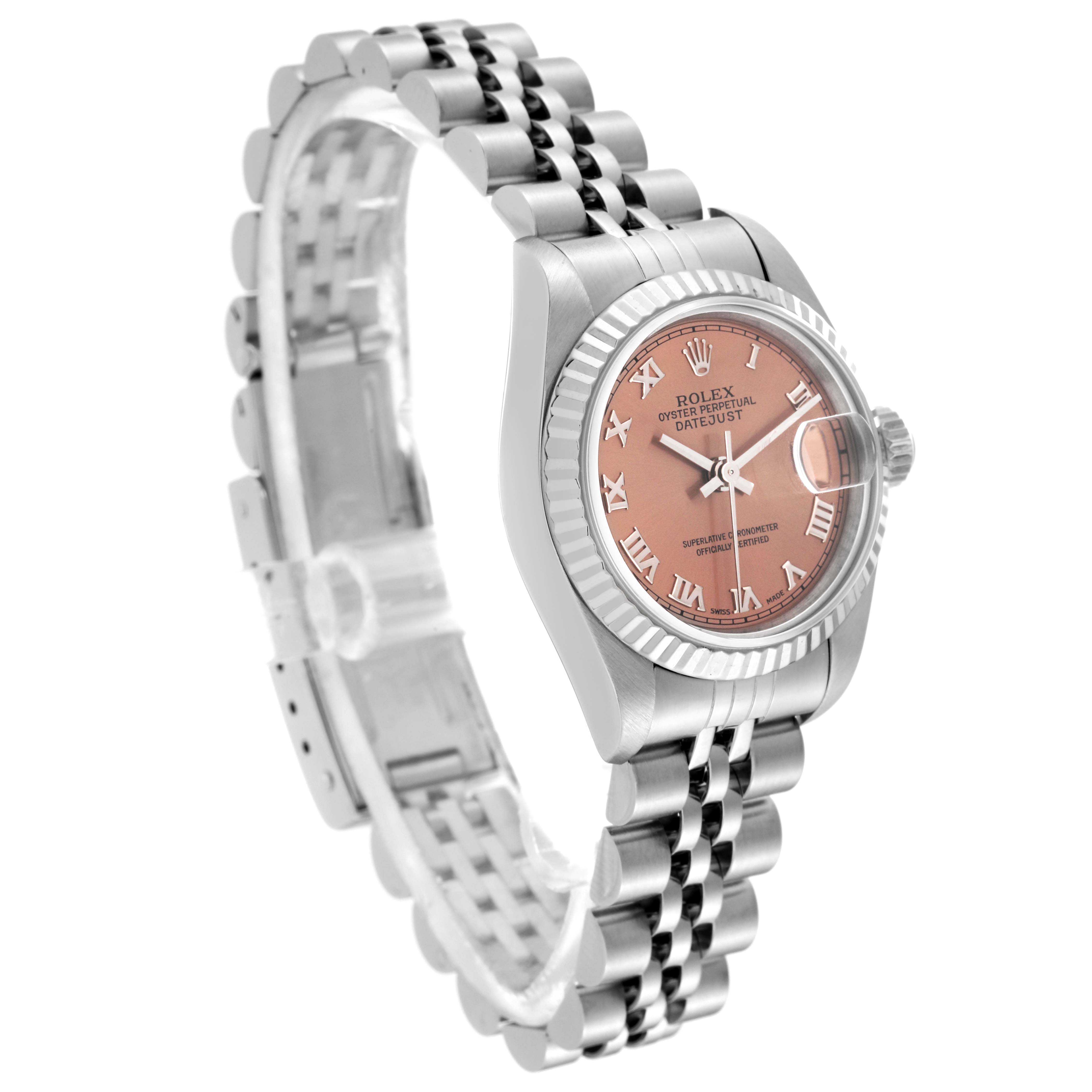 The image shows a side view of a Rolex Datejust 69174 Women's Stainless Steel Pink Dial 69174 Women's Stainless Steel Pink Dial watch, highlighting its pink Roman numeral dial and stainless steel Jubilee bracelet.