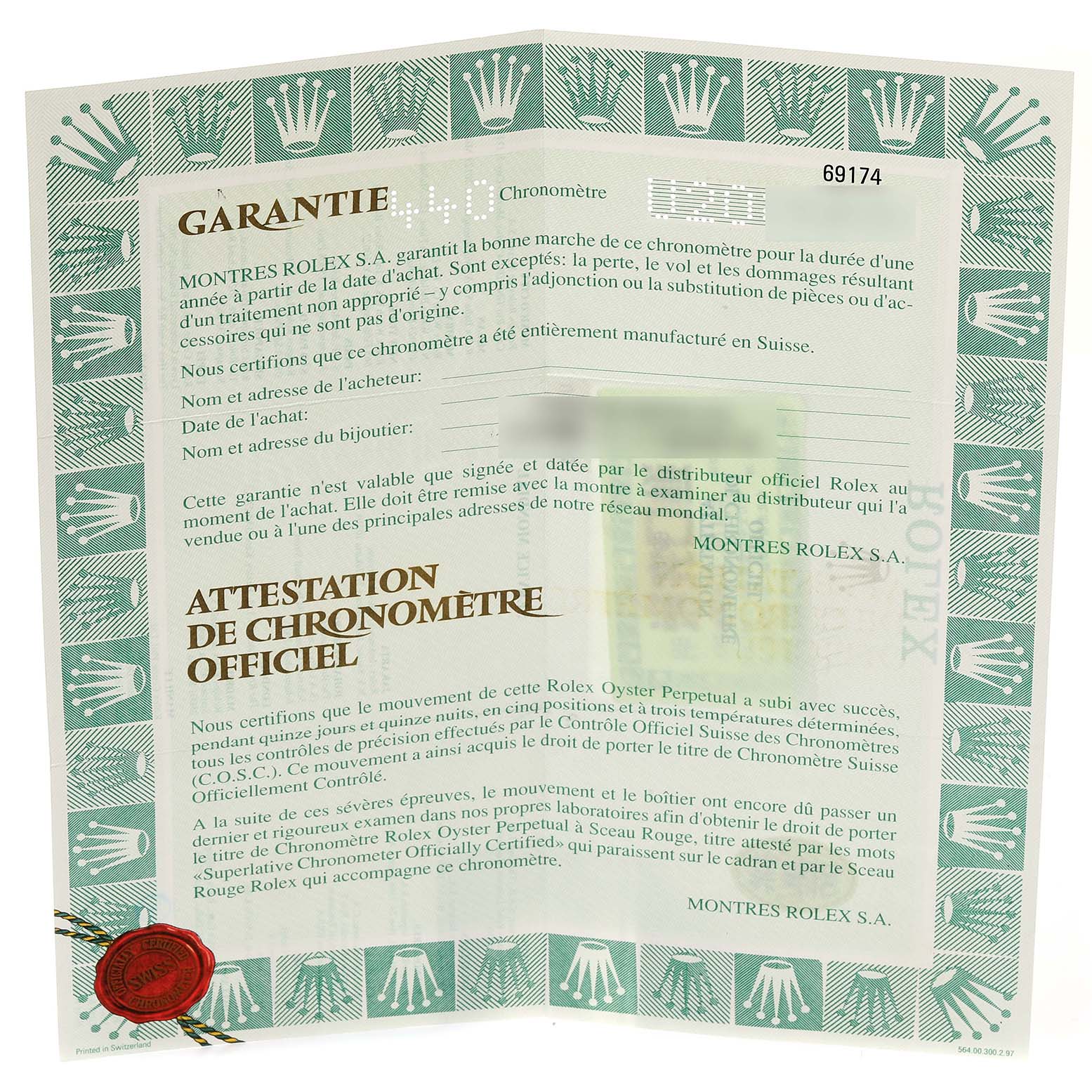 The image shows a Rolex warranty card for the Datejust model, including the official chronometer certification in French.