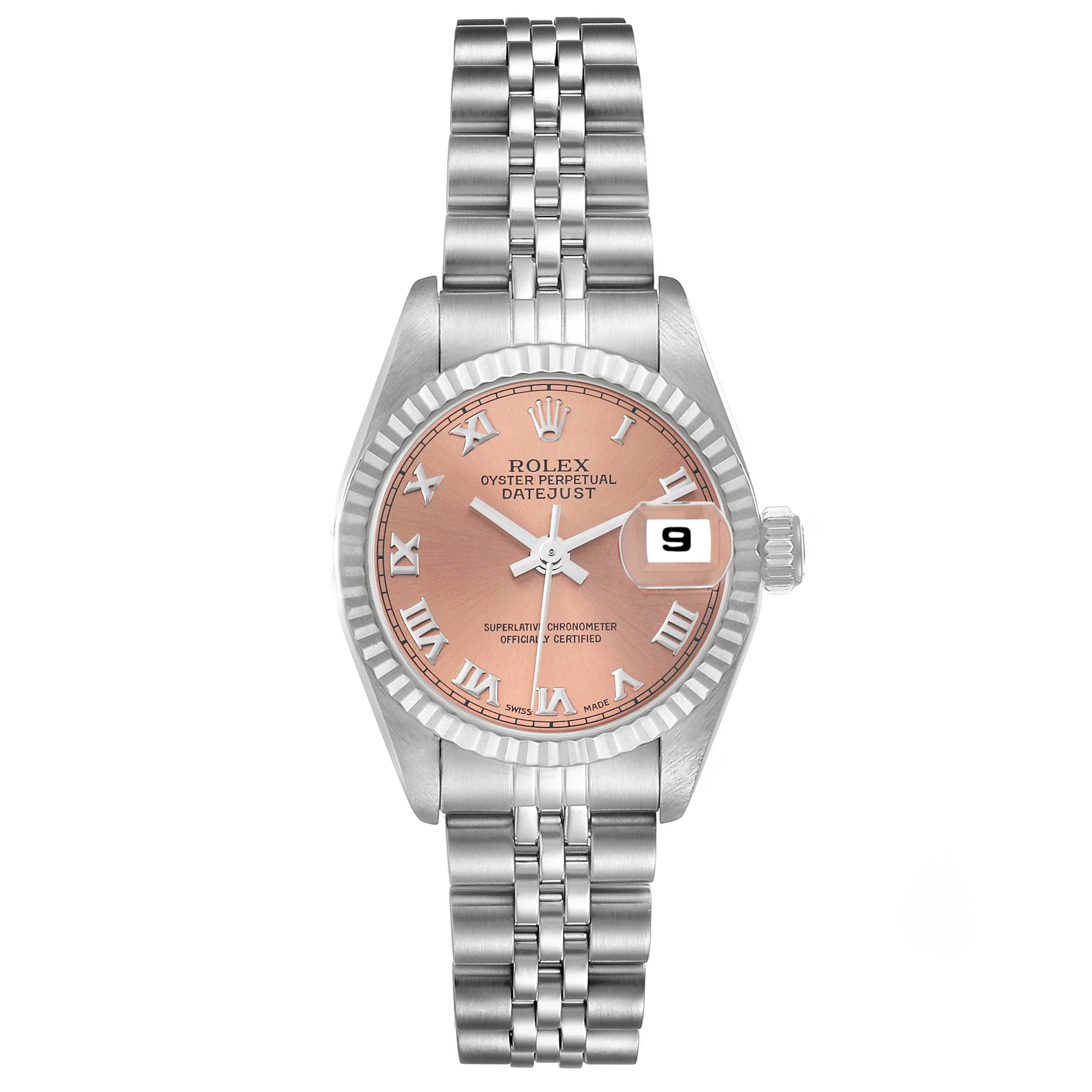 This is a frontal view of a Rolex Datejust 69174 Women's Stainless Steel Pink Dial 69174 Women's Stainless Steel Pink Dial watch showcasing the dial, bracelet, bezel, and date window.