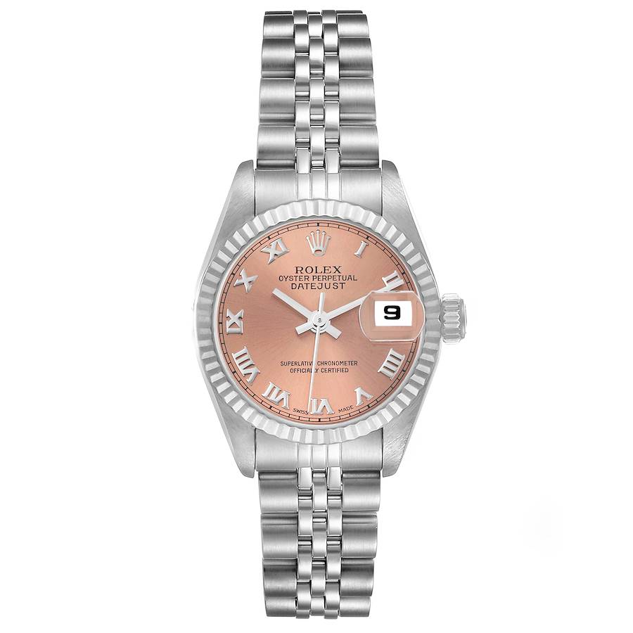 This is a frontal view of a Rolex Datejust 69174 Women's Stainless Steel Pink Dial 69174 Women's Stainless Steel Pink Dial watch showcasing the dial, bracelet, bezel, and date window.