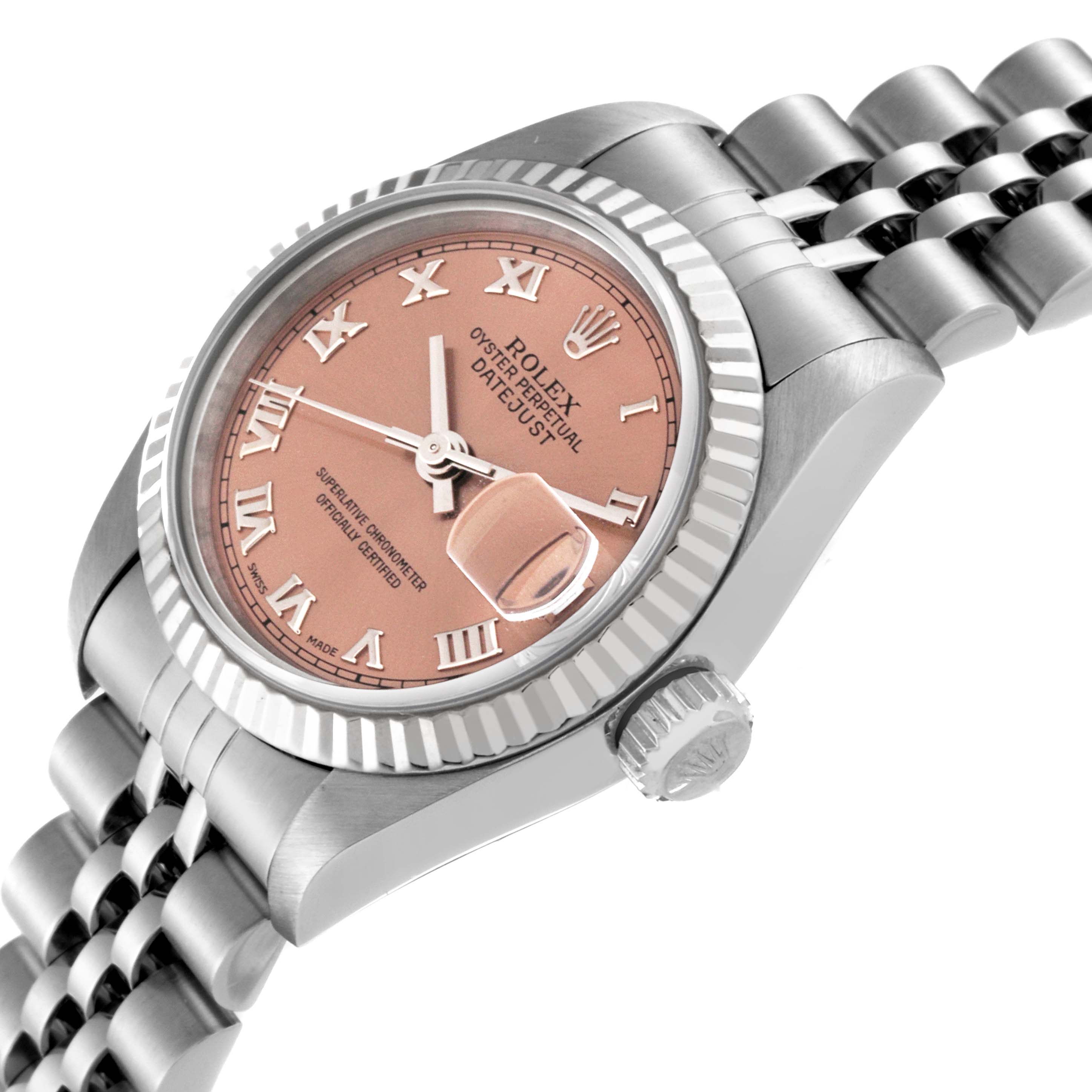 This image shows the Rolex Datejust 69174 Women's Stainless Steel Pink Dial 69174 Women's Stainless Steel Pink Dial watch at an angled close-up, highlighting the crown, face, and part of the bracelet.