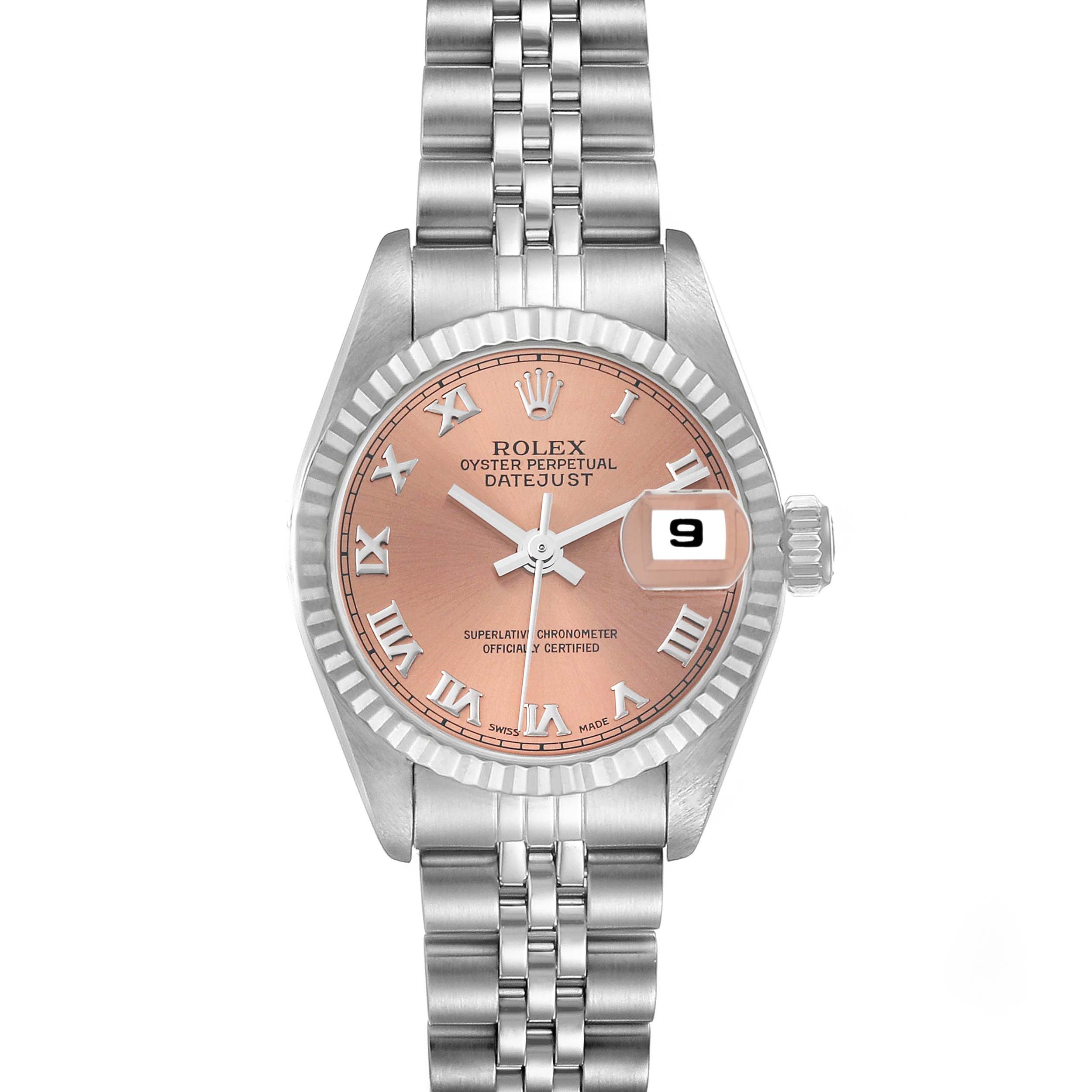 The image shows a frontal view of a Rolex Datejust 69174 Women's Stainless Steel Pink Dial 69174 Women's Stainless Steel Pink Dial watch, highlighting the dial, case, fluted bezel, and Jubilee bracelet.
