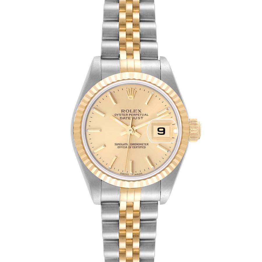 The image shows a Rolex Datejust 79173 Women's Steel and Gold (two tone) Champagne Dial 79173 Women's Steel and Gold (two tone) Champagne Dial watch from a top-down angle, highlighting the dial, bezel, and bracelet.