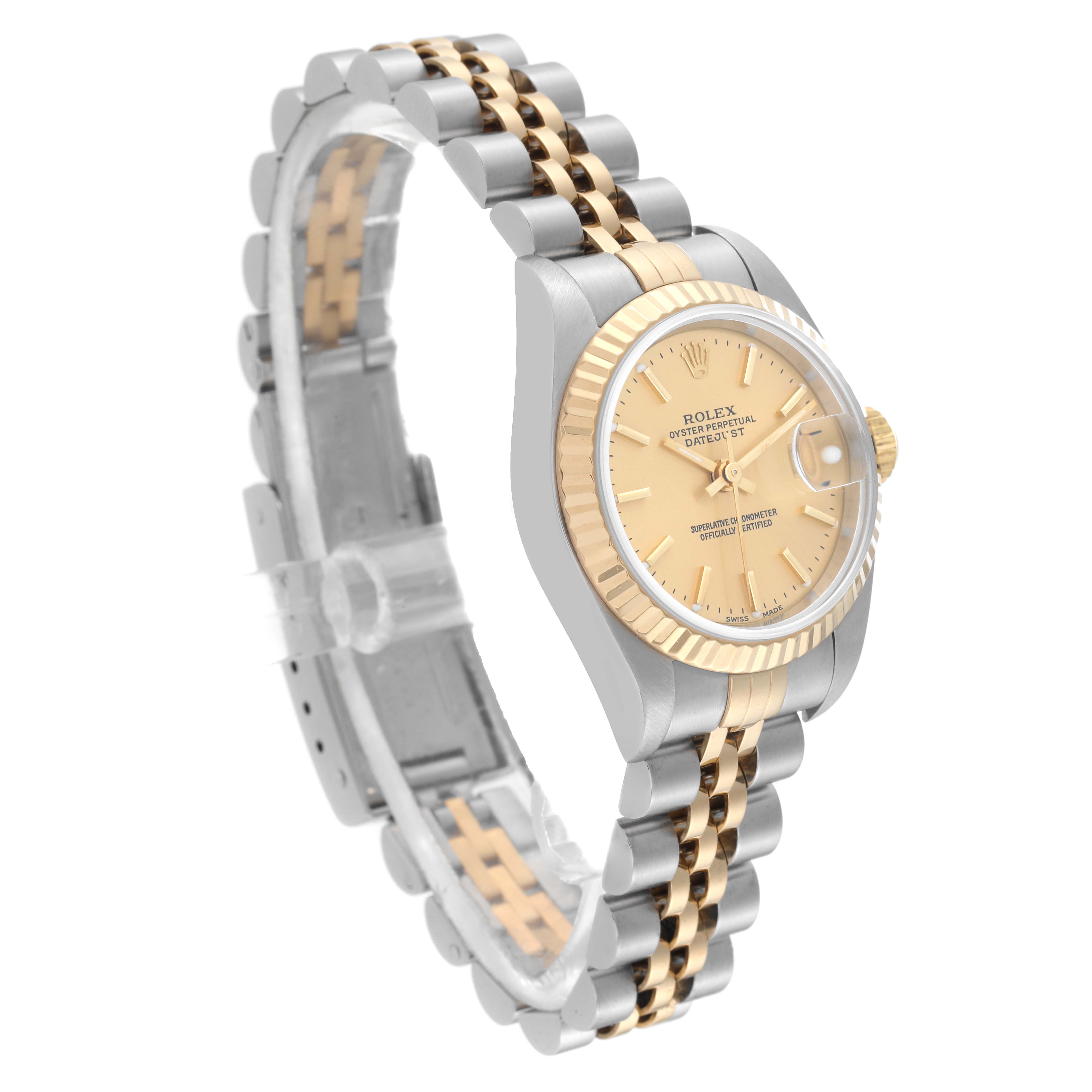 The Rolex Datejust 79173 Women's Steel and Gold (two tone) Champagne Dial 79173 Women's Steel and Gold (two tone) Champagne Dial watch is shown at a slight angle, highlighting the gold and silver bracelet, bezel, and dial.