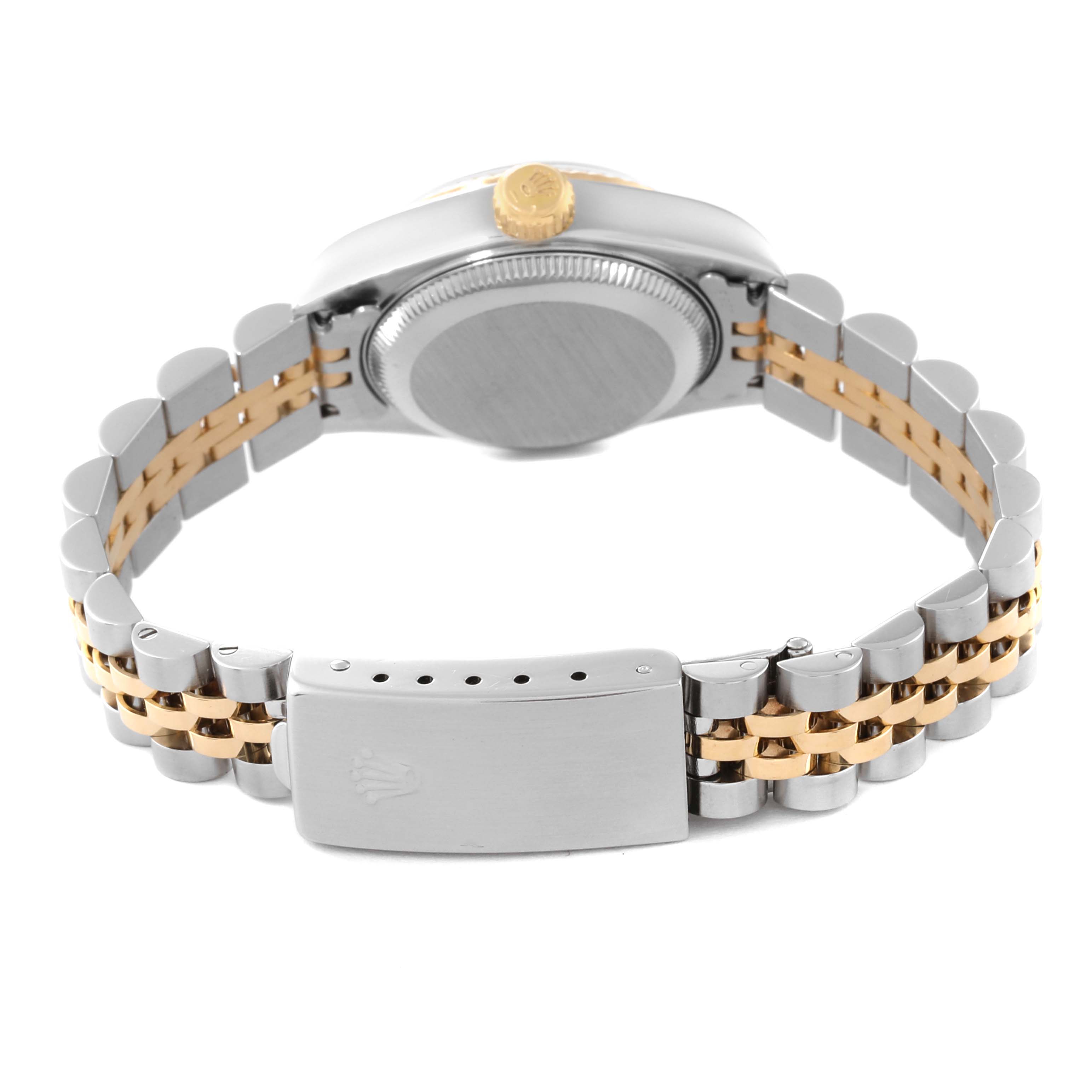 The image shows the back case, crown, and bracelet of a Rolex Datejust 79173 Women's Steel and Gold (two tone) Champagne Dial 79173 Women's Steel and Gold (two tone) Champagne Dial model, viewed from the rear.