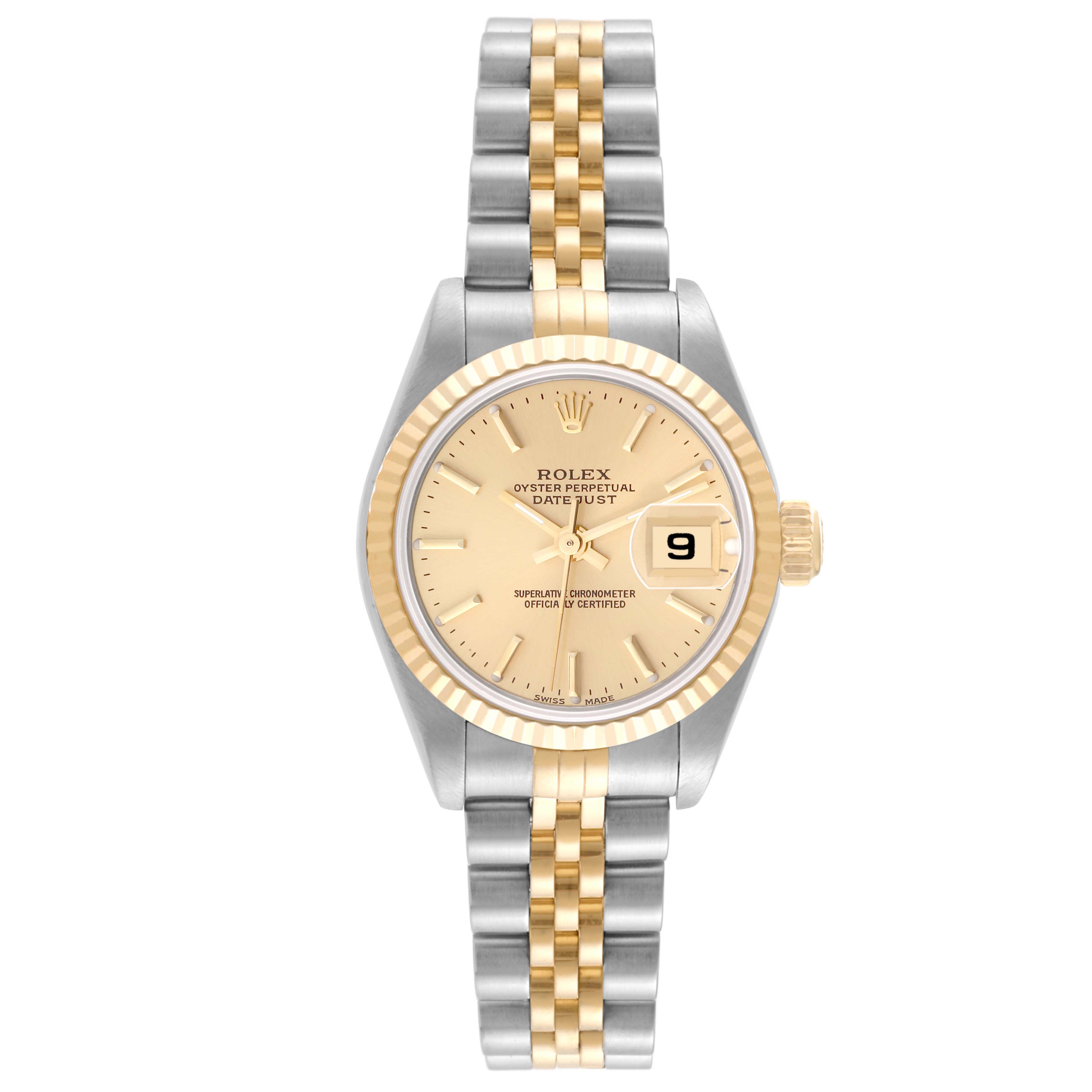 This Rolex Datejust 79173 Women's Steel and Gold (two tone) Champagne Dial 79173 Women's Steel and Gold (two tone) Champagne Dial model is shown from a front angle, displaying the face, bezel, and two-tone bracelet.