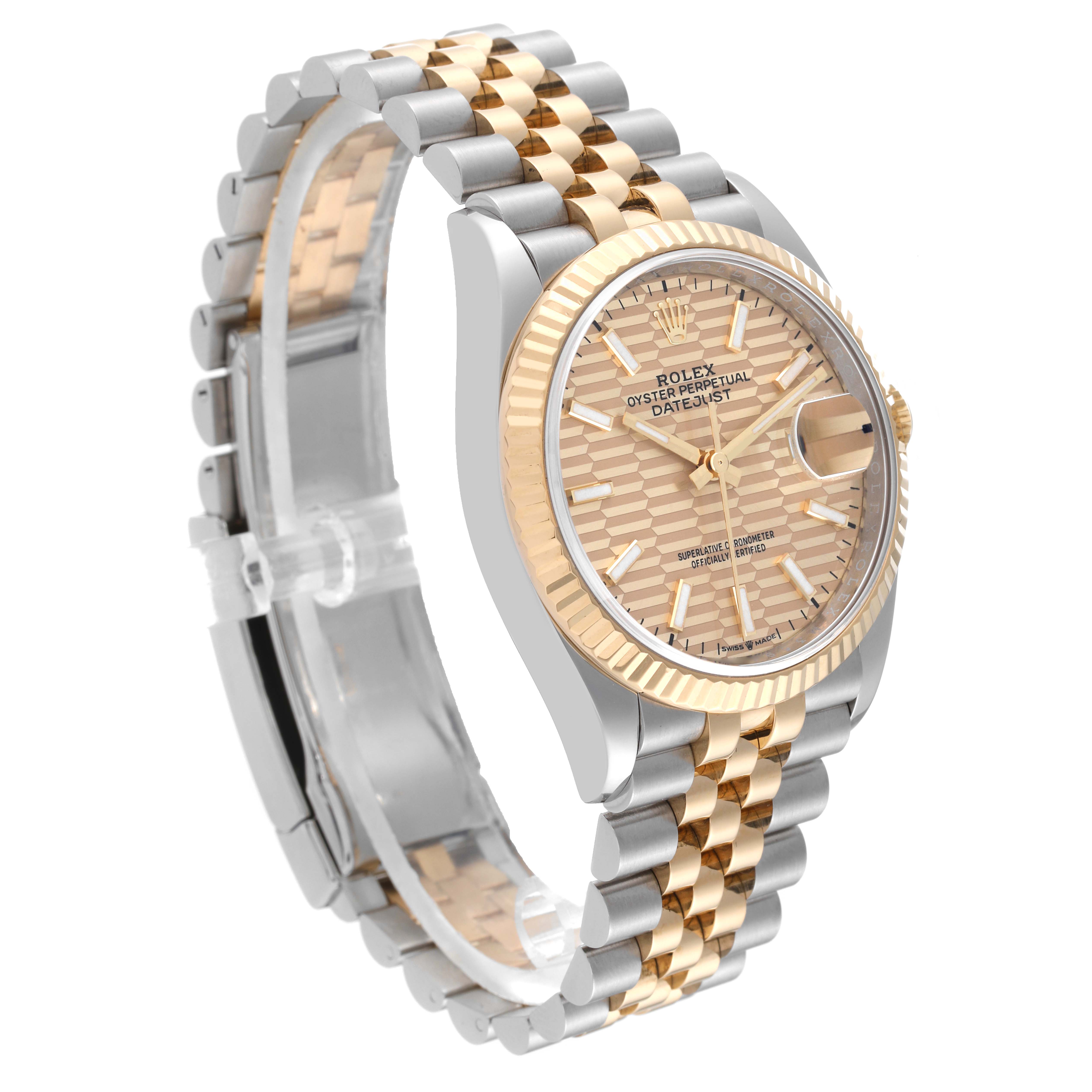 This image shows a Rolex Datejust 126233 Men's Steel and Gold (two tone) Champagne Dial 126233 Men's Steel and Gold (two tone) Champagne Dial watch from a three-quarter angle, highlighting the gold and silver bracelet, fluted bezel, and patterned dial.